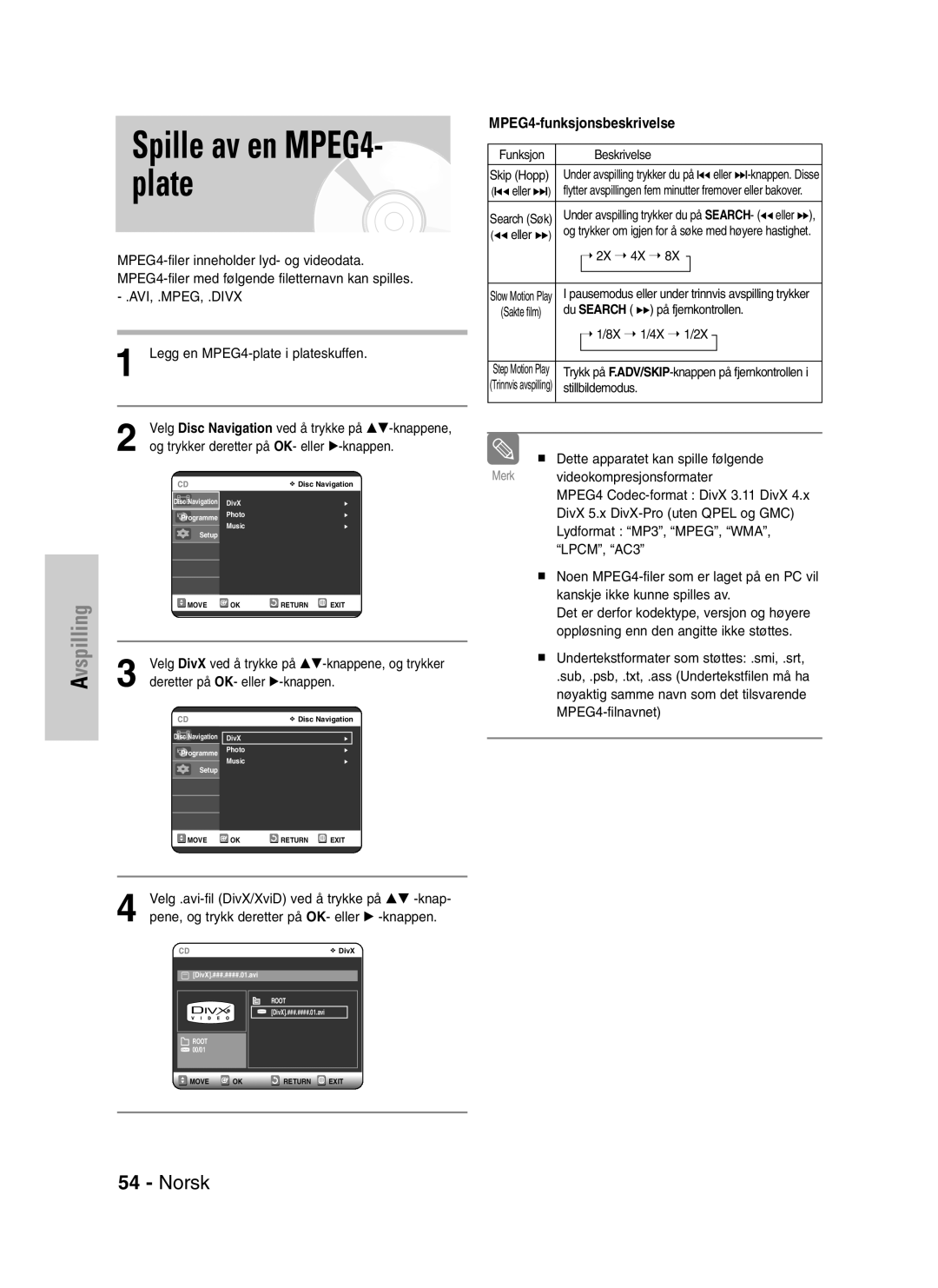 Samsung DVD-VR320/XEE manual Spille av en MPEG4- plate 