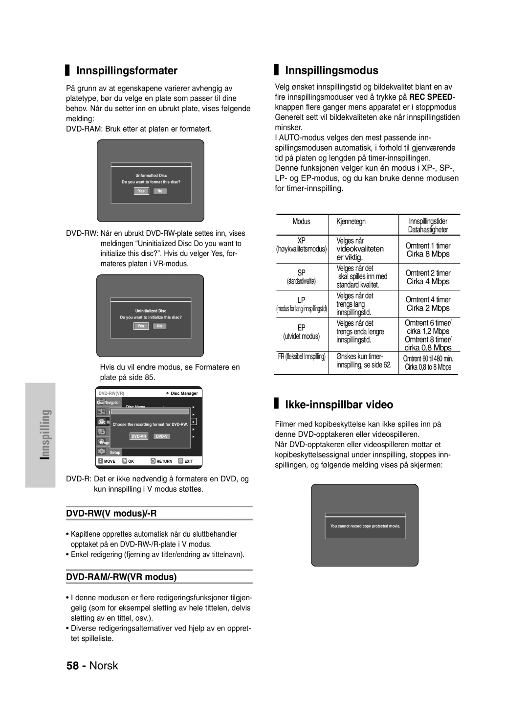 Samsung DVD-VR320/XEE manual Innspillingsformater, Innspillingsmodus, Ikke-innspillbar video, DVD-RWV modus/-R 