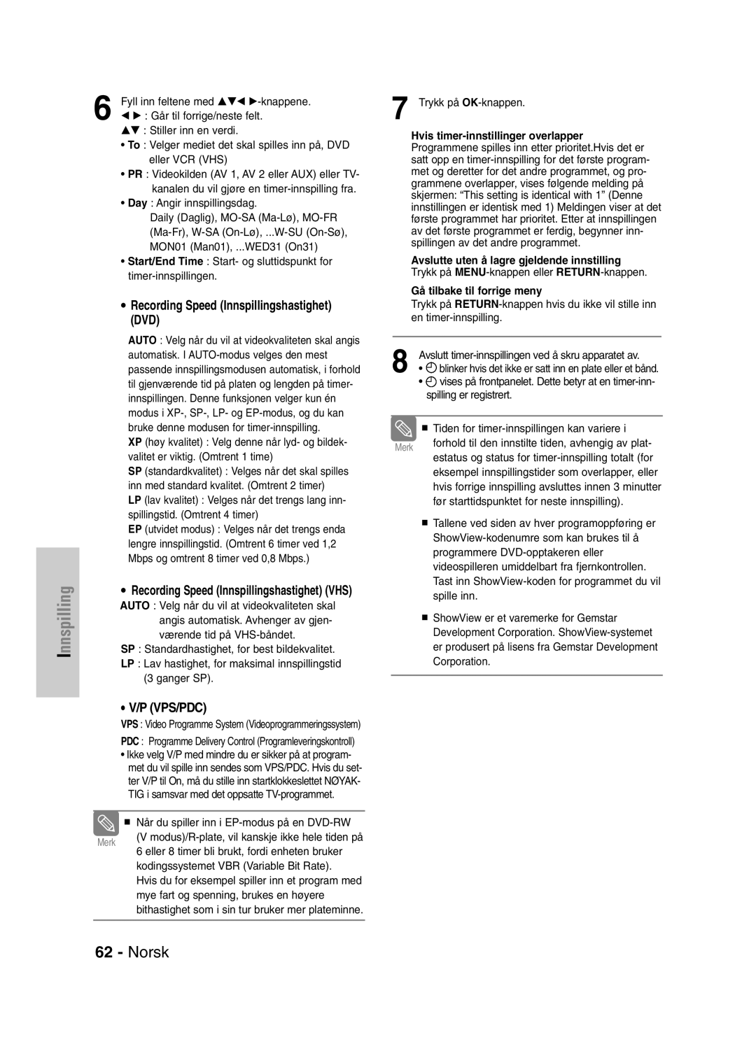 Samsung DVD-VR320/XEE manual Recording Speed Innspillingshastighet DVD 