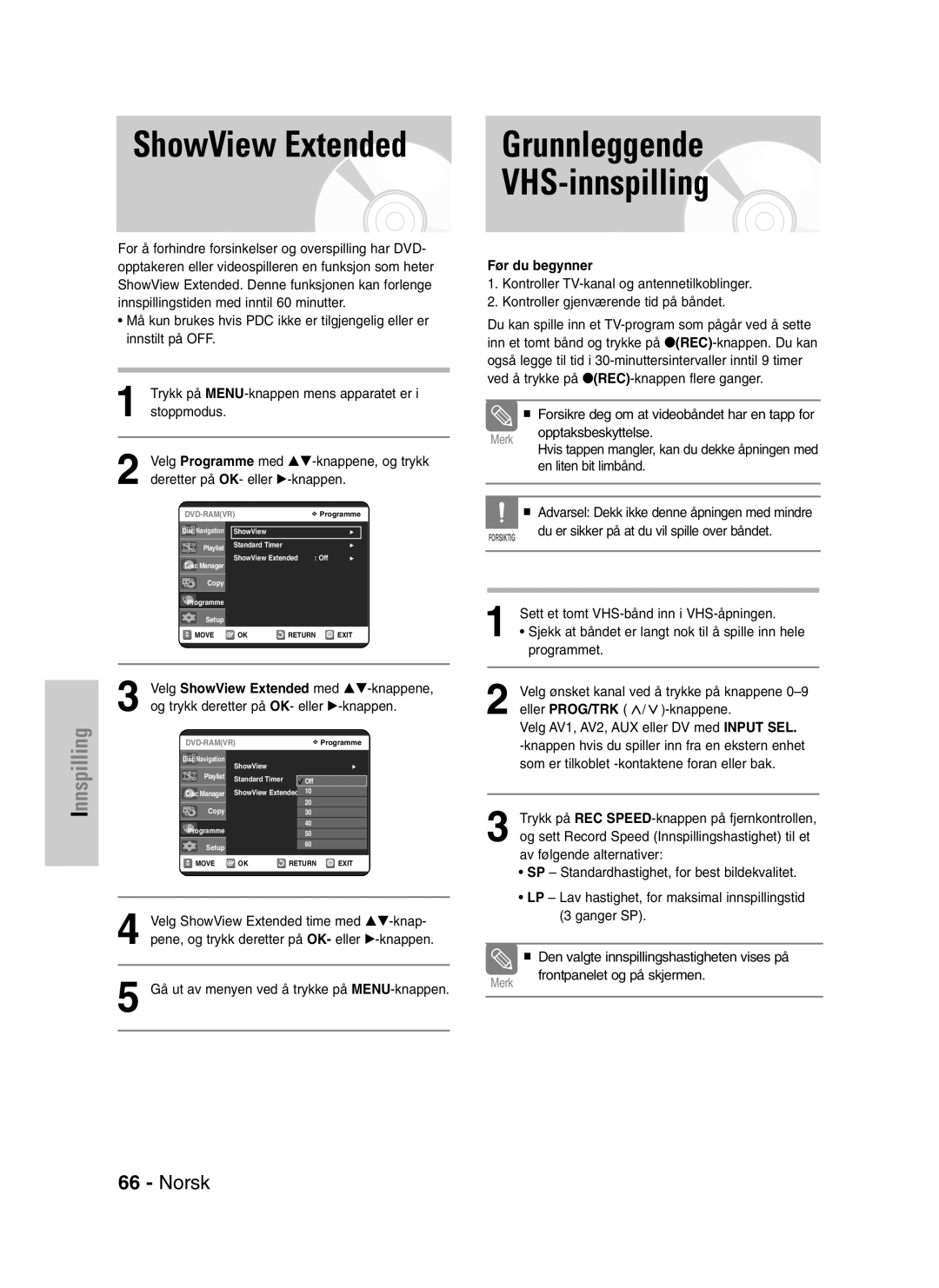 Samsung DVD-VR320/XEE manual ShowView Extended, Grunnleggende VHS-innspilling, Før du begynner 