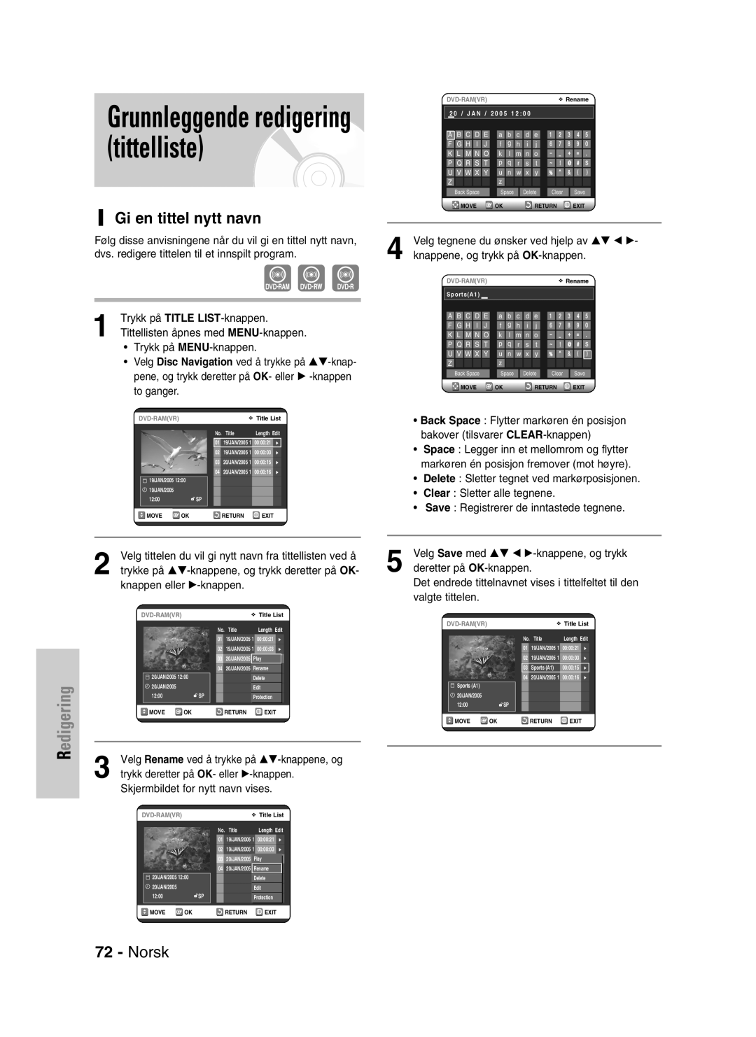 Samsung DVD-VR320/XEE manual Gi en tittel nytt navn, Velg tittelen du vil gi nytt navn fra tittellisten ved å 