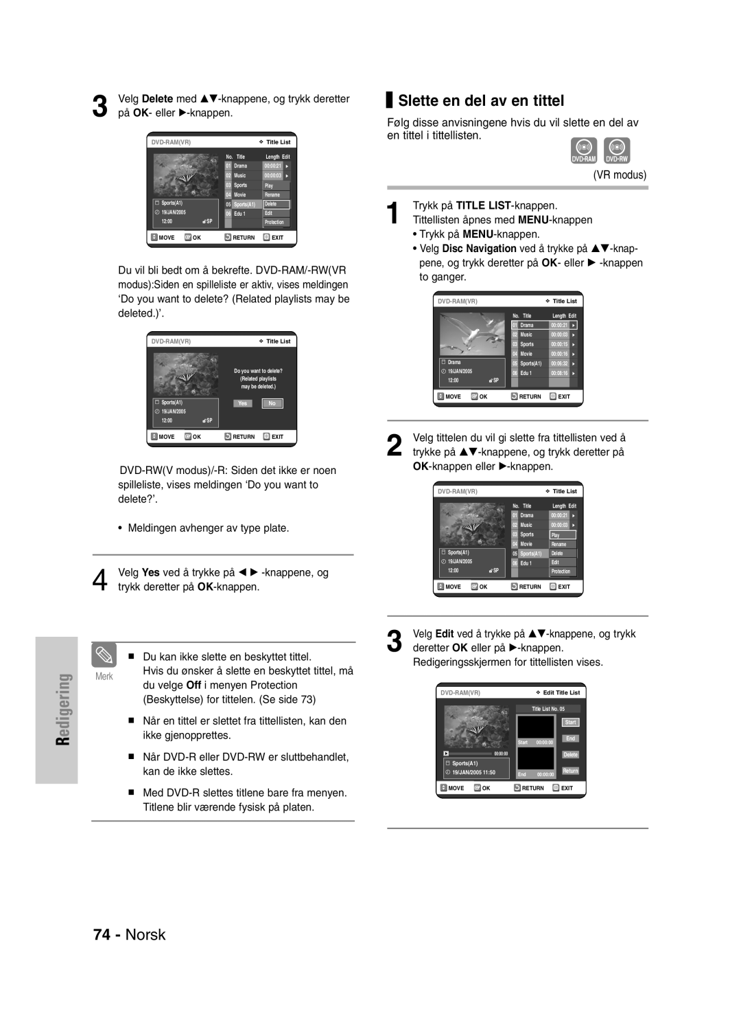 Samsung DVD-VR320/XEE manual Slette en del av en tittel 