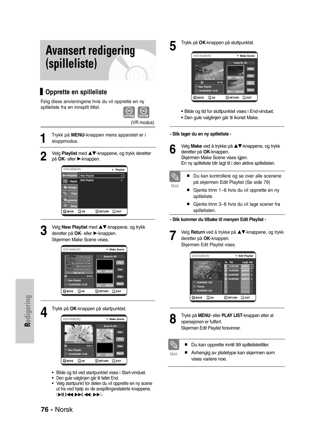 Samsung DVD-VR320/XEE manual Avansert redigering spilleliste, Opprette en spilleliste, Slik lager du en ny spilleliste 