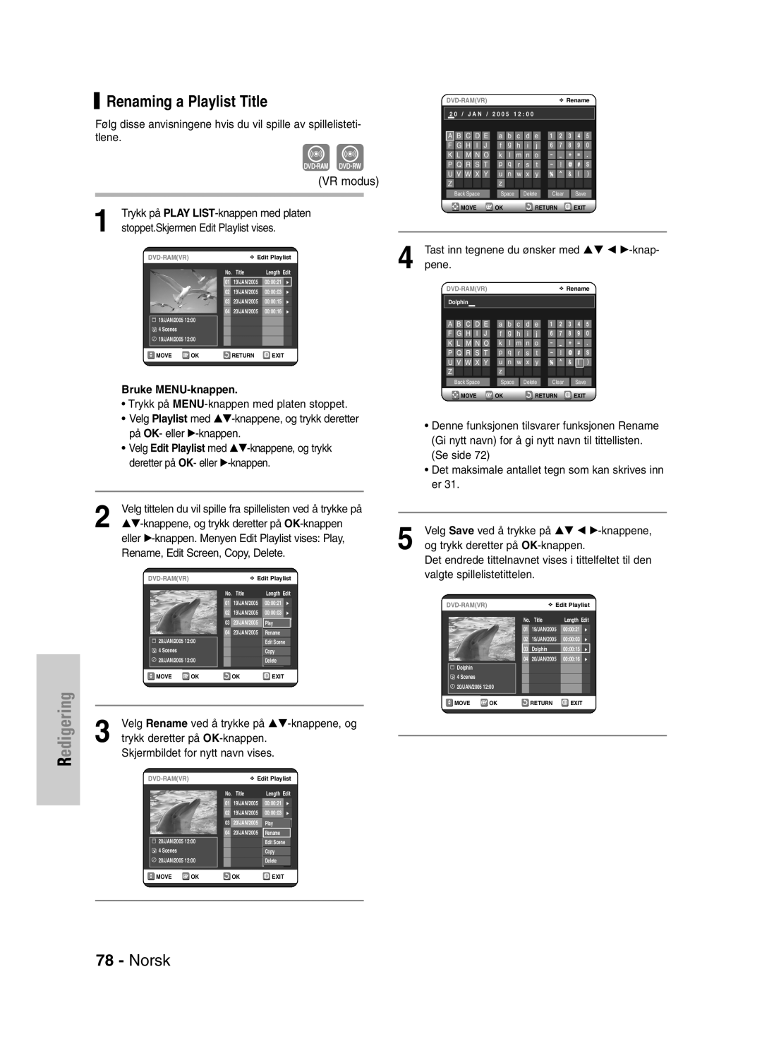 Samsung DVD-VR320/XEE manual Renaming a Playlist Title, Stoppet.Skjermen Edit Playlist vises 