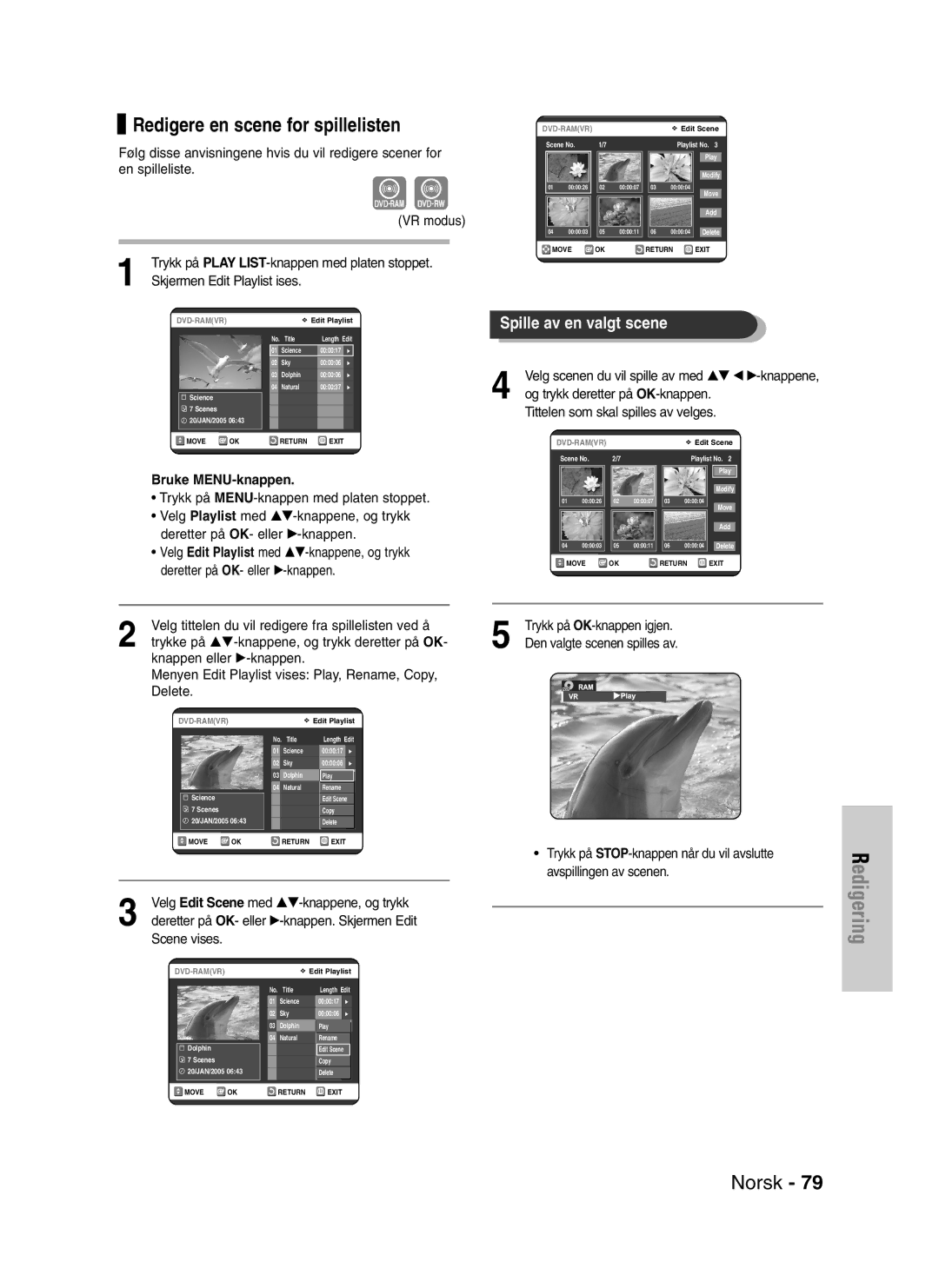 Samsung DVD-VR320/XEE manual Redigere en scene for spillelisten, Skjermen Edit Playlist ises 