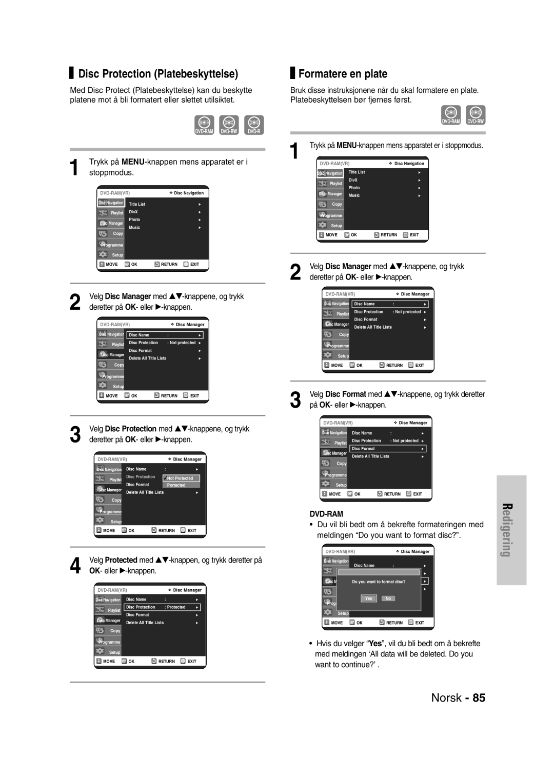 Samsung DVD-VR320/XEE manual Disc Protection Platebeskyttelse, Formatere en plate 