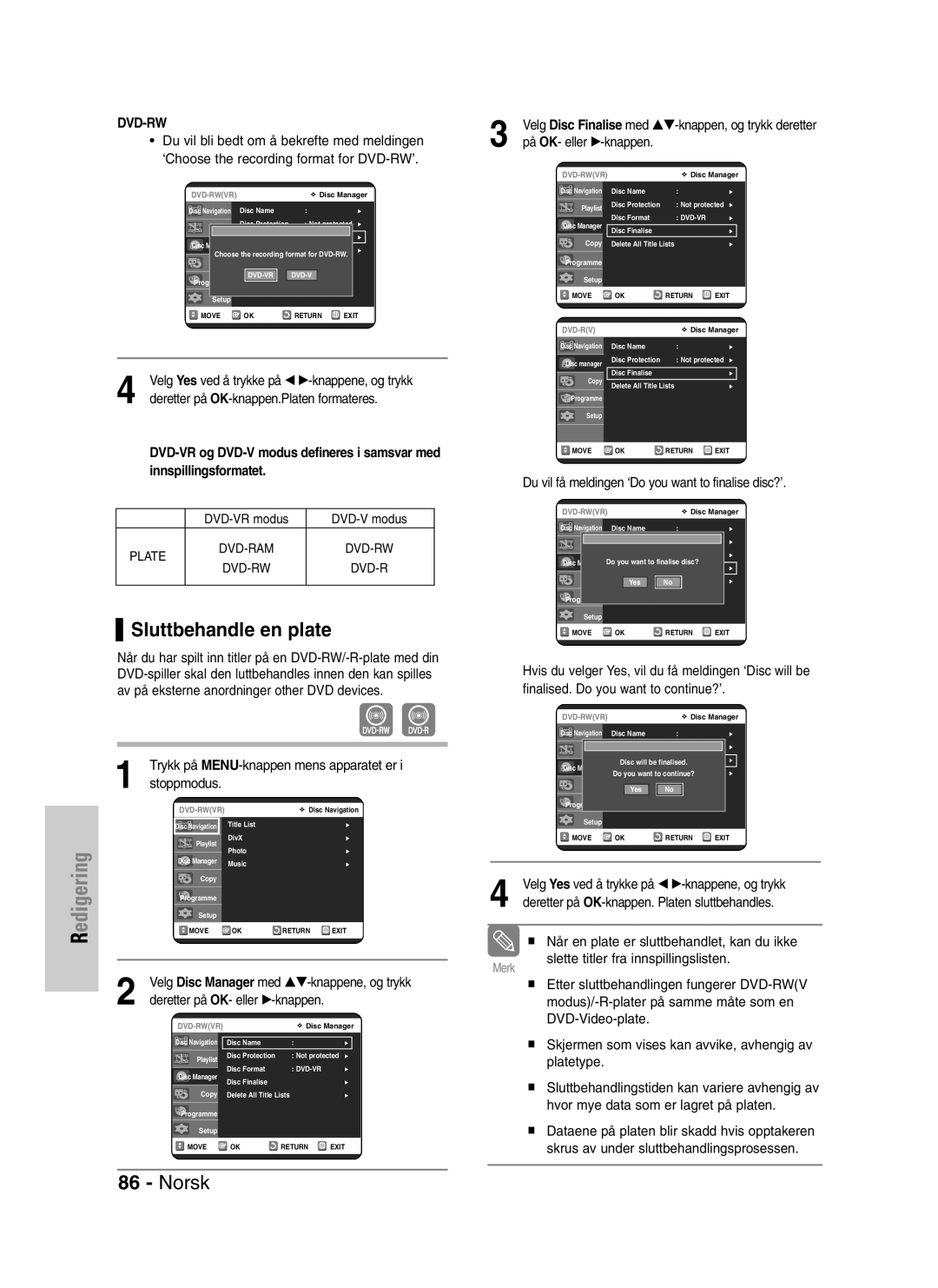 Samsung DVD-VR320/XEE manual Sluttbehandle en plate, Stoppmodus 