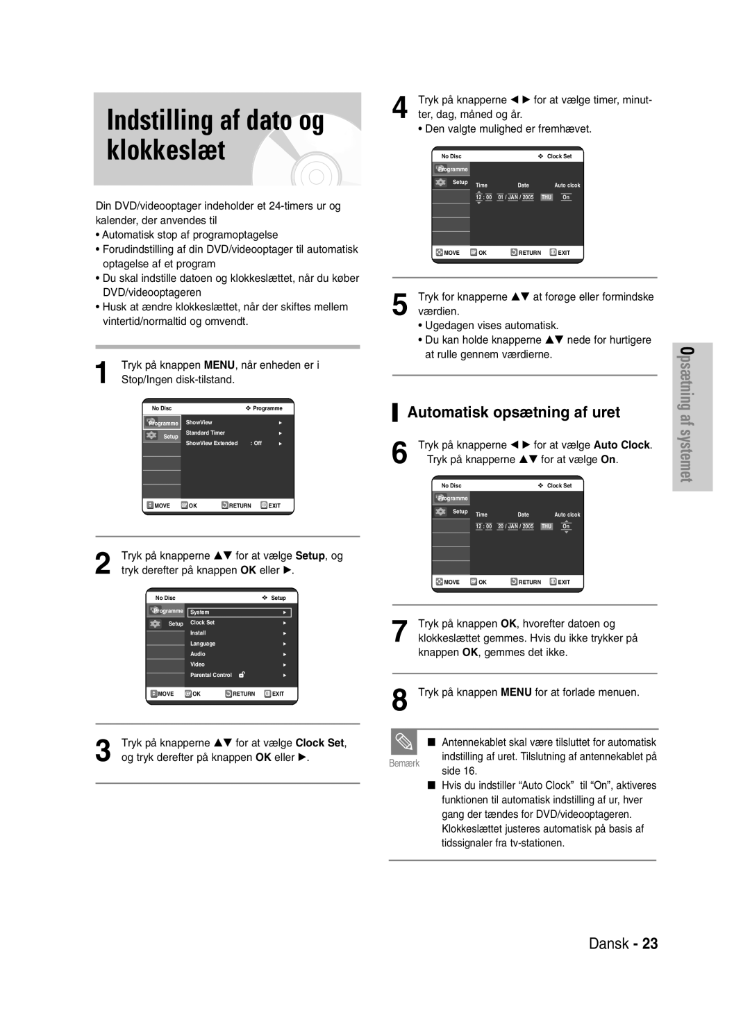 Samsung DVD-VR320/XEE manual Indstilling af dato og klokkeslæt, Automatisk opsætning af uret 