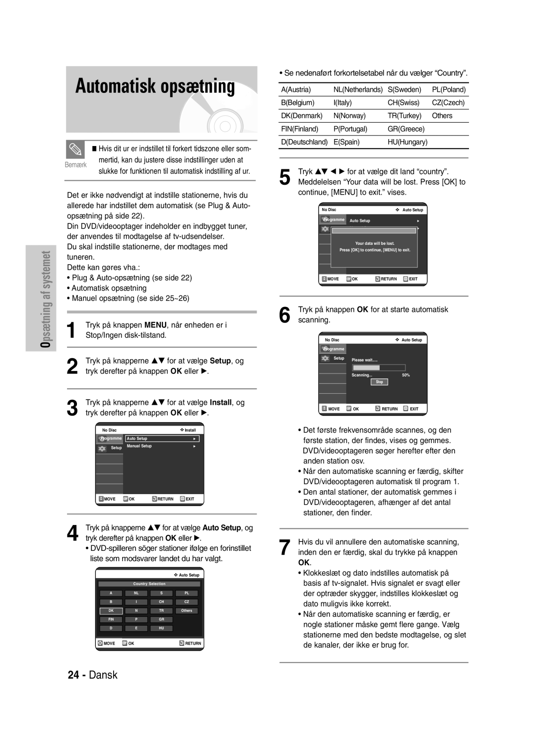 Samsung DVD-VR320/XEE manual Automatisk opsætning, Tryk på knappen OK for at starte automatisk, Scanning 