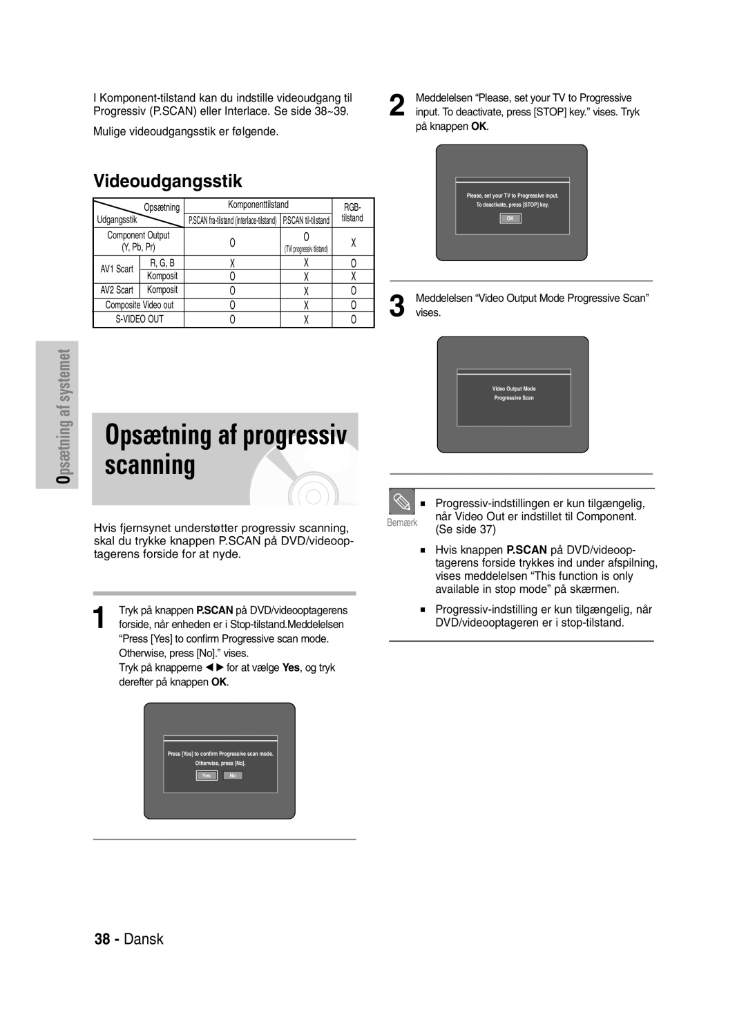 Samsung DVD-VR320/XEE manual På knappen OK, Komponenttilstand, Meddelelsen Video Output Mode Progressive Scan vises 