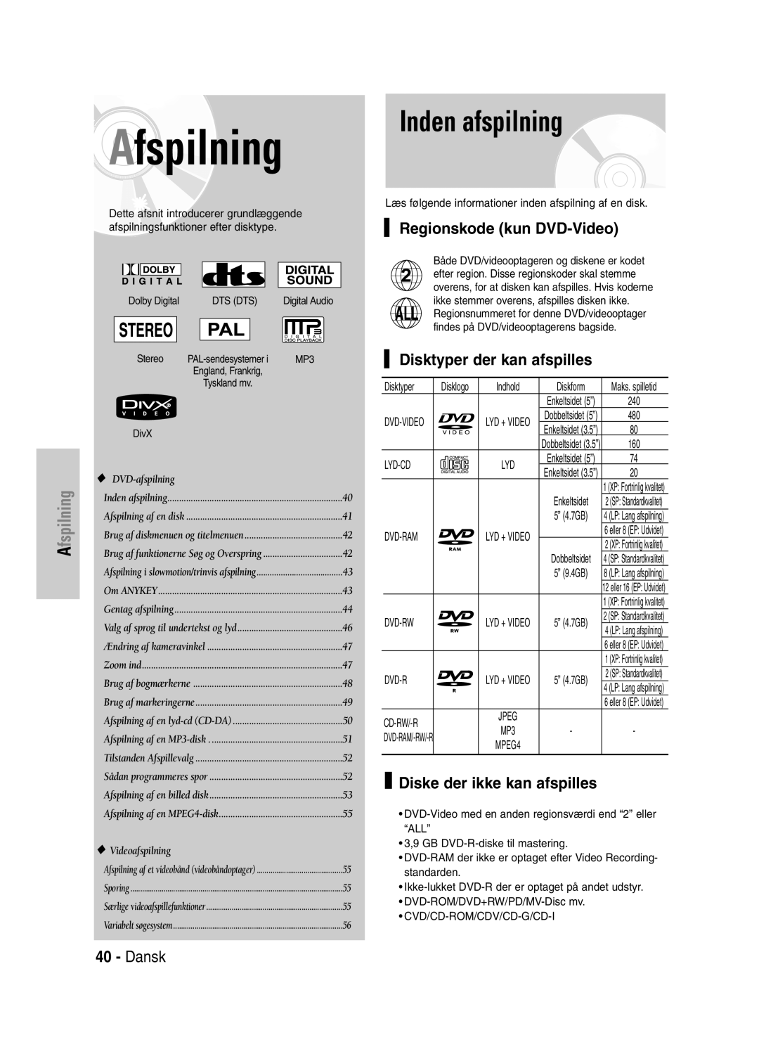 Samsung DVD-VR320/XEE manual Inden afspilning, Regionskode kun DVD-Video, Disktyper der kan afspilles 