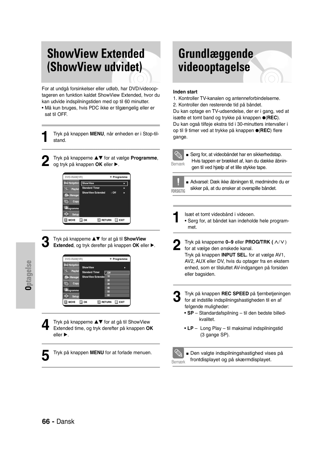 Samsung DVD-VR320/XEE manual Grundlæggende videooptagelse, Inden start 