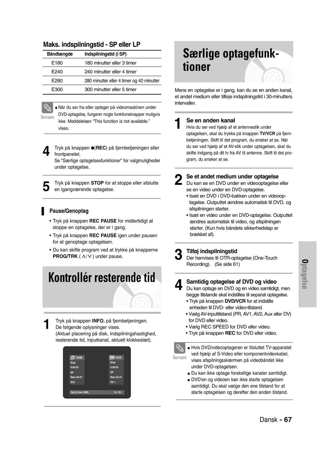 Samsung DVD-VR320/XEE manual Maks. indspilningstid SP eller LP, Se en anden kanal, Tilføj indspilningstid 