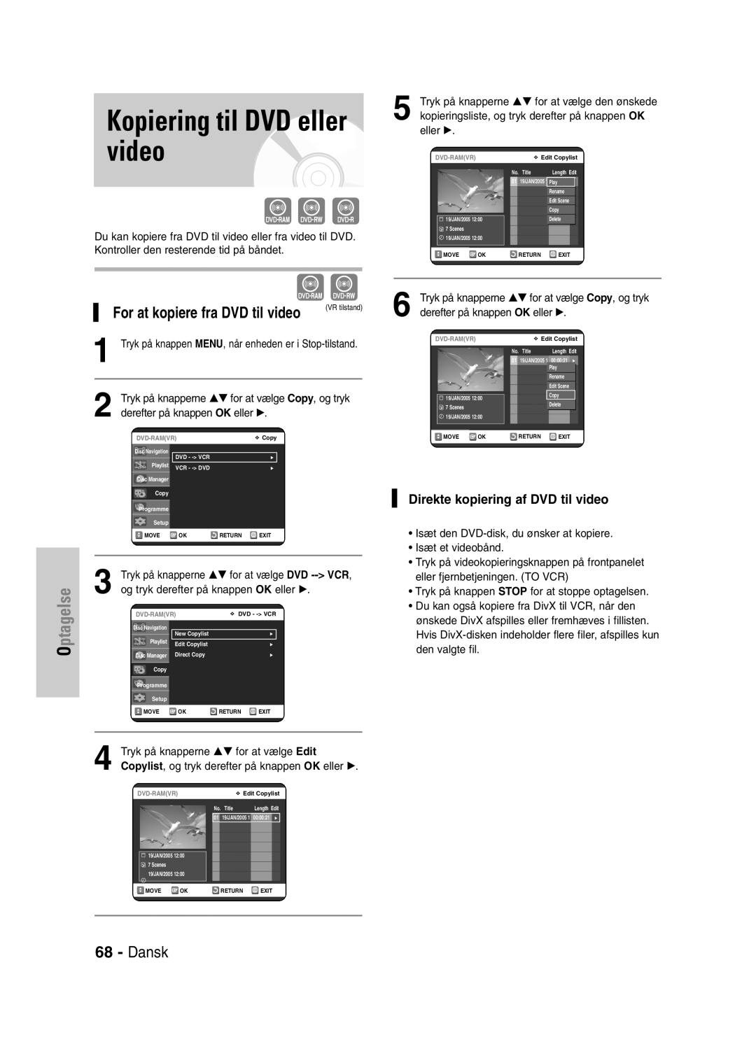 Samsung DVD-VR320/XEE Kopiering til DVD eller video, For at kopiere fra DVD til video, Direkte kopiering af DVD til video 