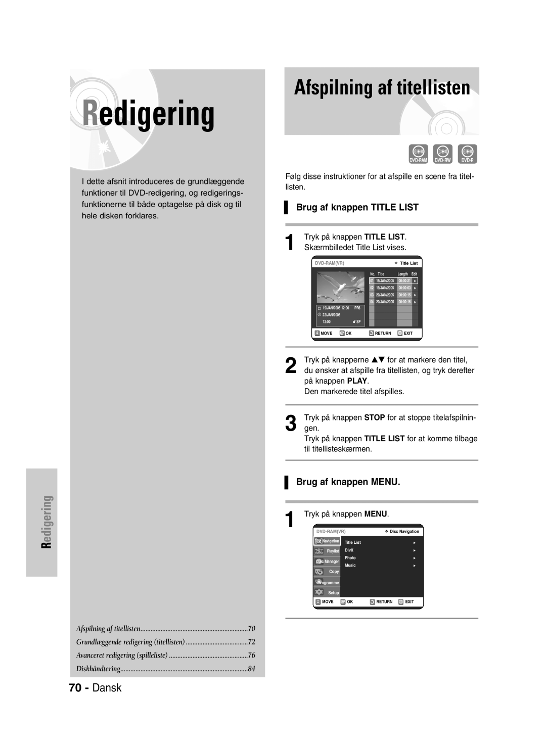 Samsung DVD-VR320/XEE manual Afspilning af titellisten, Brug af knappen Title List, Brug af knappen Menu 