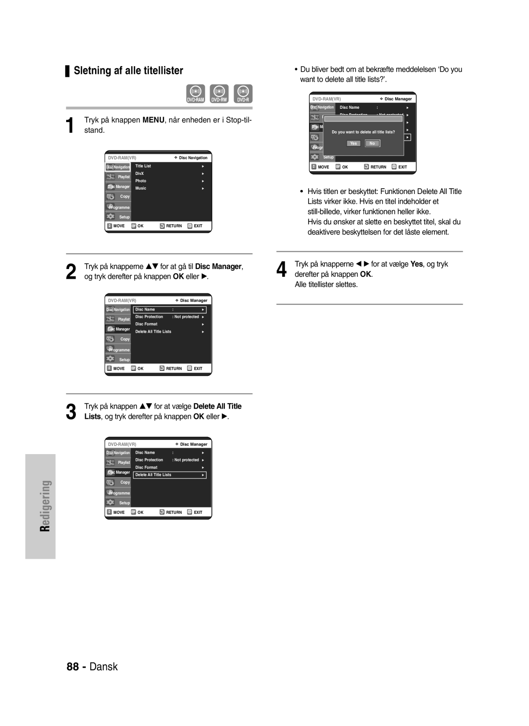 Samsung DVD-VR320/XEE manual Sletning af alle titellister, Tryk på knappen MENU, når enheden er i Stop-til 