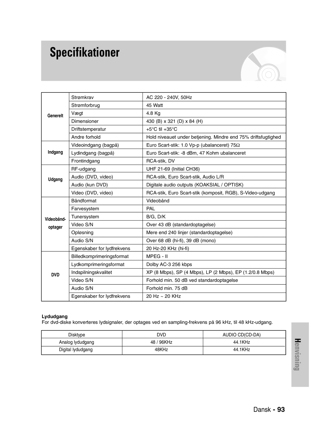 Samsung DVD-VR320/XEE manual Specifikationer 