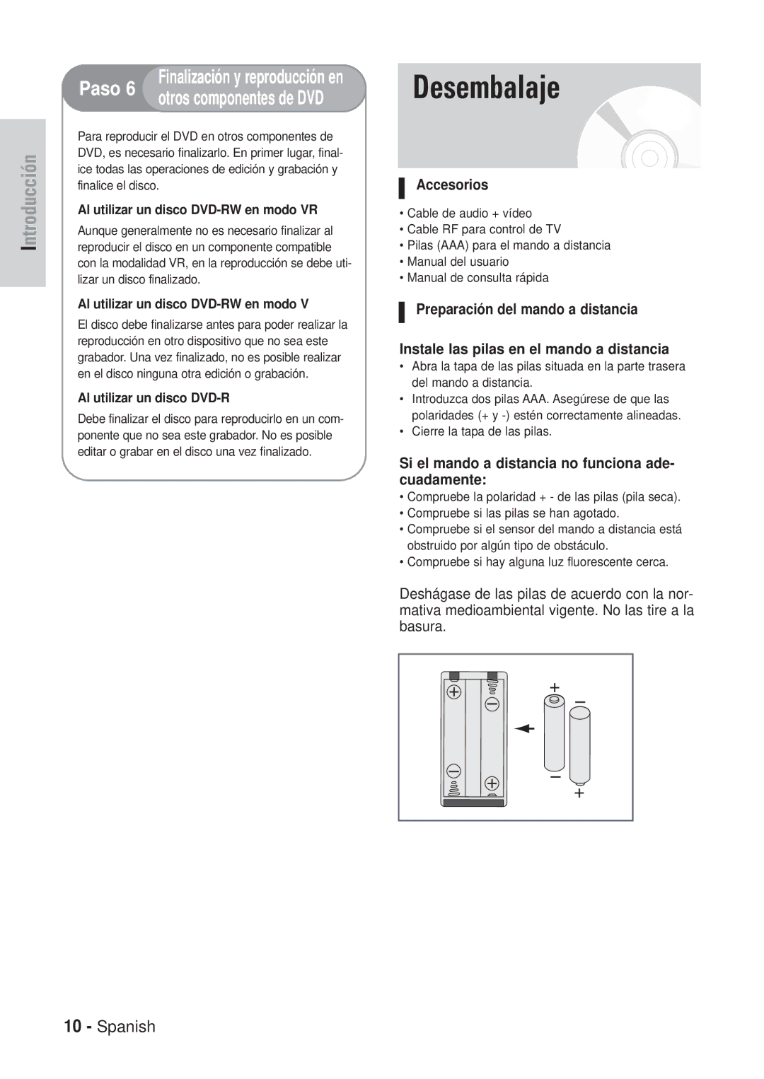 Samsung DVD-VR320/XEC, DVD-VR320/XEG manual Desembalaje, Accesorios, Si el mando a distancia no funciona ade- cuadamente 