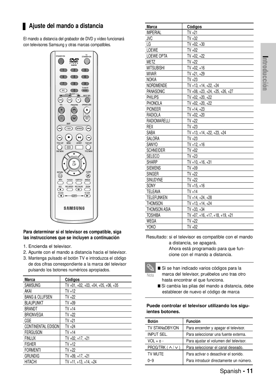 Samsung DVD-VR320/EUR, DVD-VR320/XEG, DVD-VR320/XEF, DVD-VR320/XET, DVD-VR320/XEO Ajuste del mando a distancia, Marca Códigos 