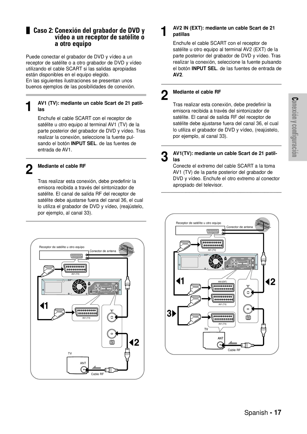 Samsung DVD-VR320/XEU, DVD-VR320/XEG manual AV1 TV mediante un cable Scart de 21 patil- las, AV2 Mediante el cable RF 