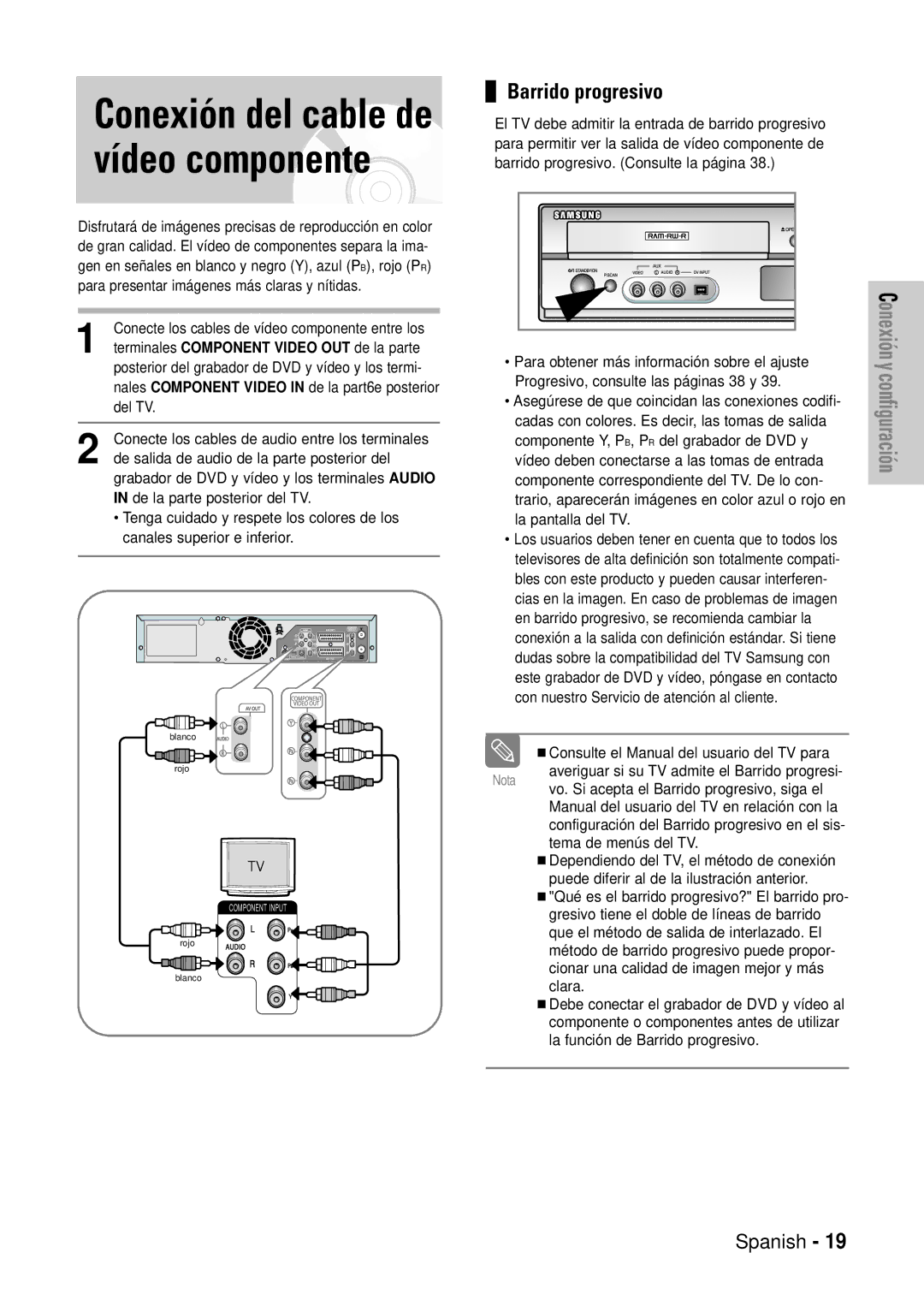 Samsung DVD-VR320/XEB, DVD-VR320/XEG, DVD-VR320/XEF, DVD-VR320/XET, DVD-VR320/XEO manual Conexión del cable de vídeo componente 