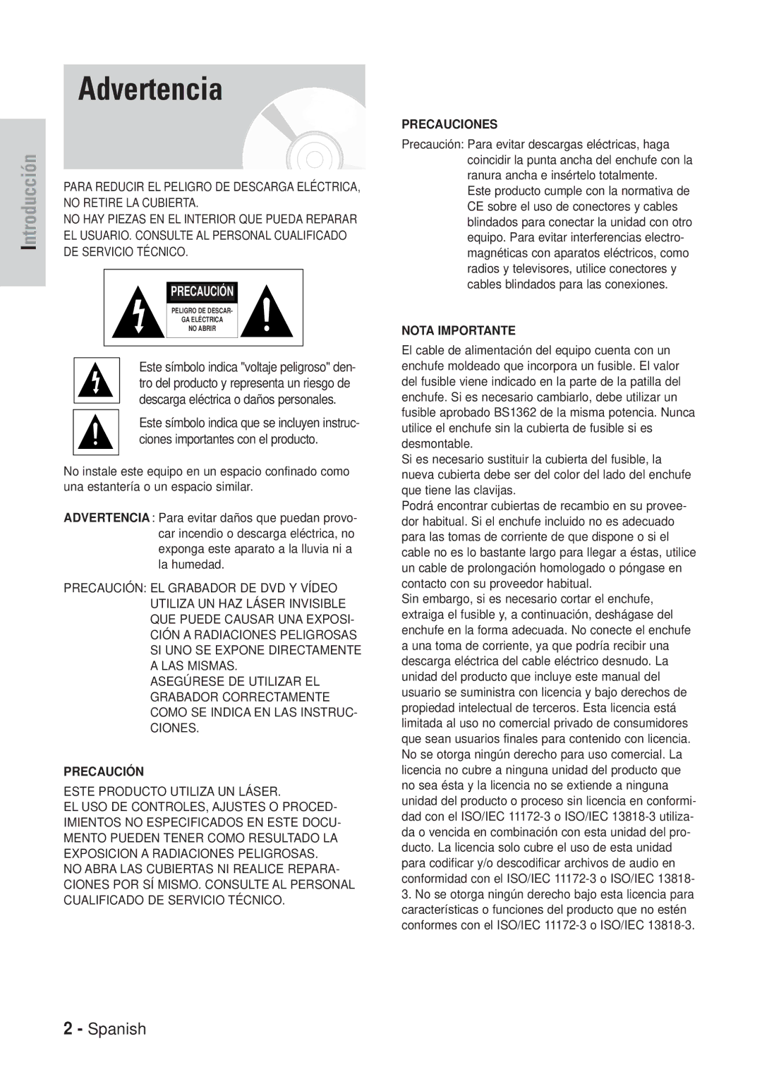 Samsung DVD-VR320/XET, DVD-VR320/XEG, DVD-VR320/XEF, DVD-VR320/XEO, DVD-VR320/SED, DVD-VR320/XEU manual Advertencia, Precaución 