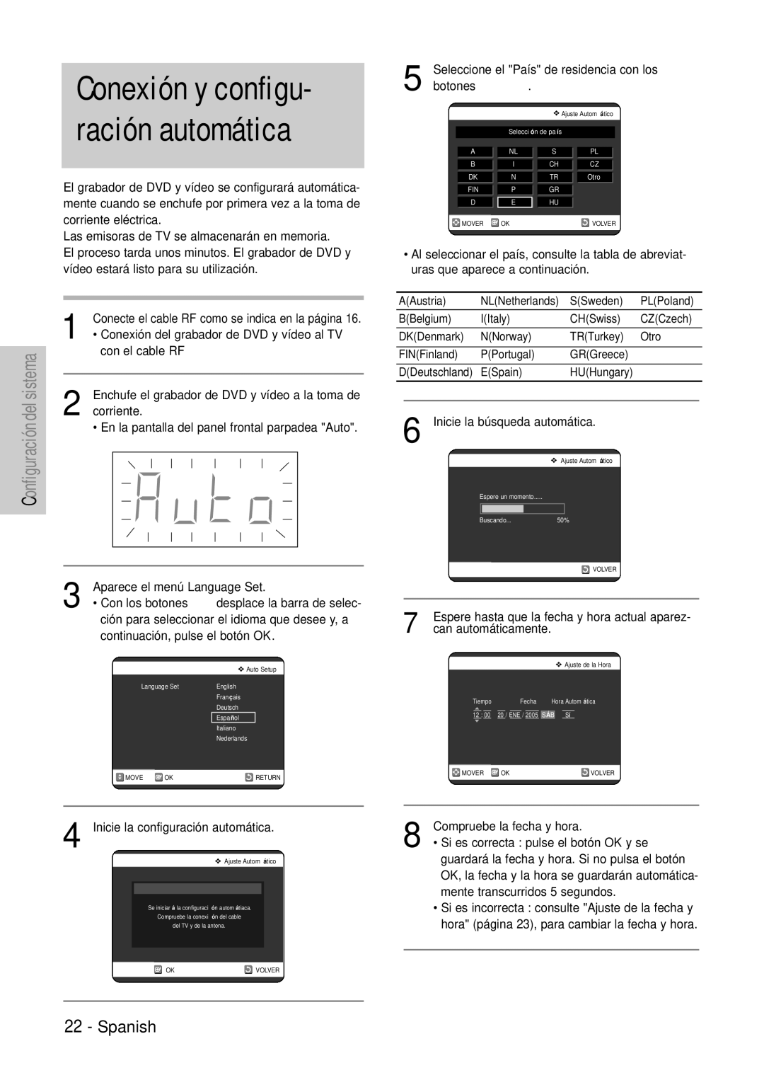 Samsung DVD-VR320/XEC Conexión y configu- ración automática, Seleccione el País de residencia con los, Botones …† œ √ 