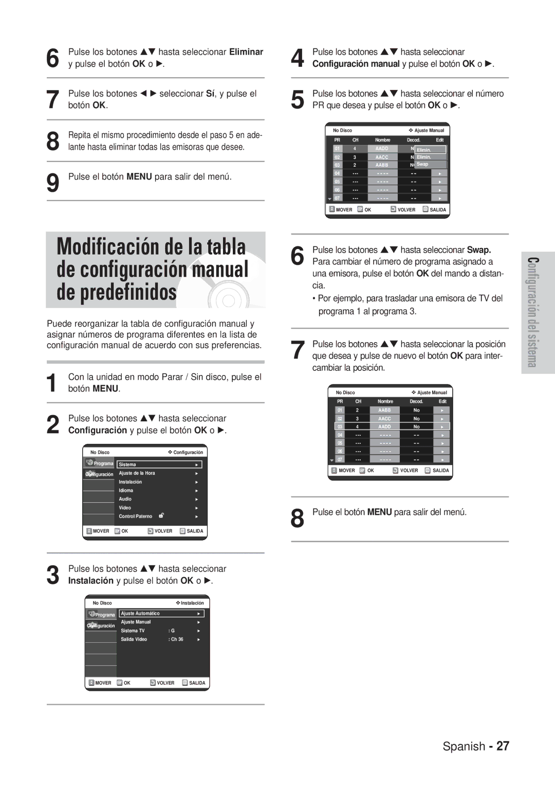 Samsung DVD-VR320/XEO Configuració n manual y pulse el botón OK o √, Pulse los botones …† hasta seleccionar el número 