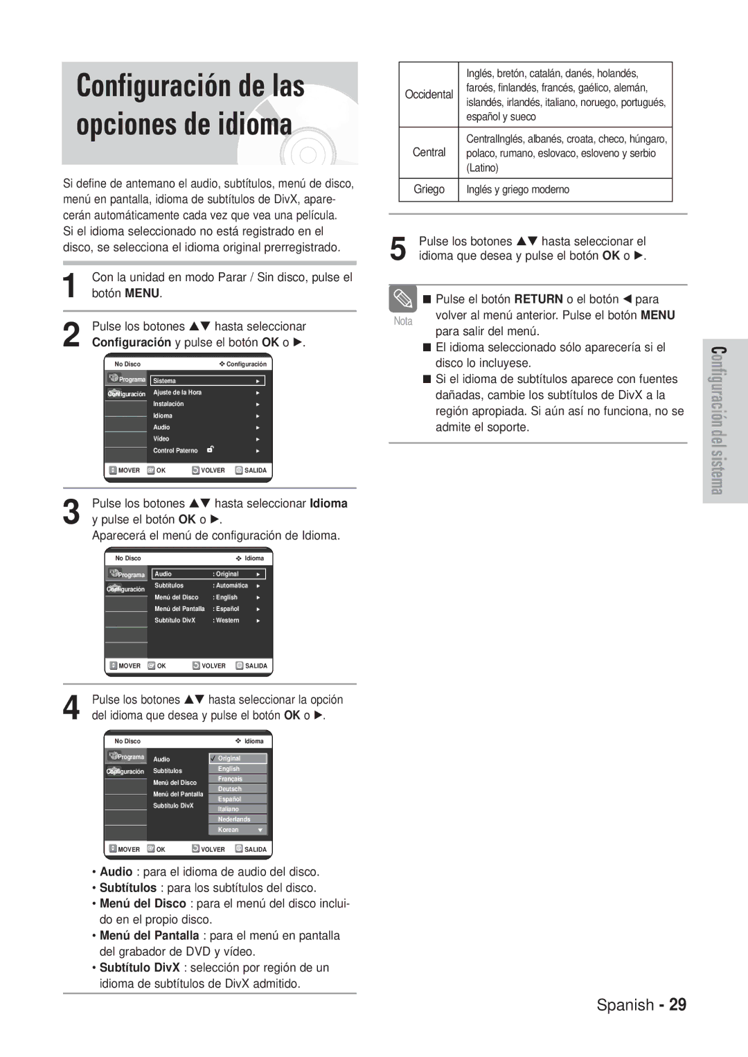 Samsung DVD-VR320/XEU manual Configuración de las opciones de idioma, Pulse los botones …† hasta seleccionar Idioma 