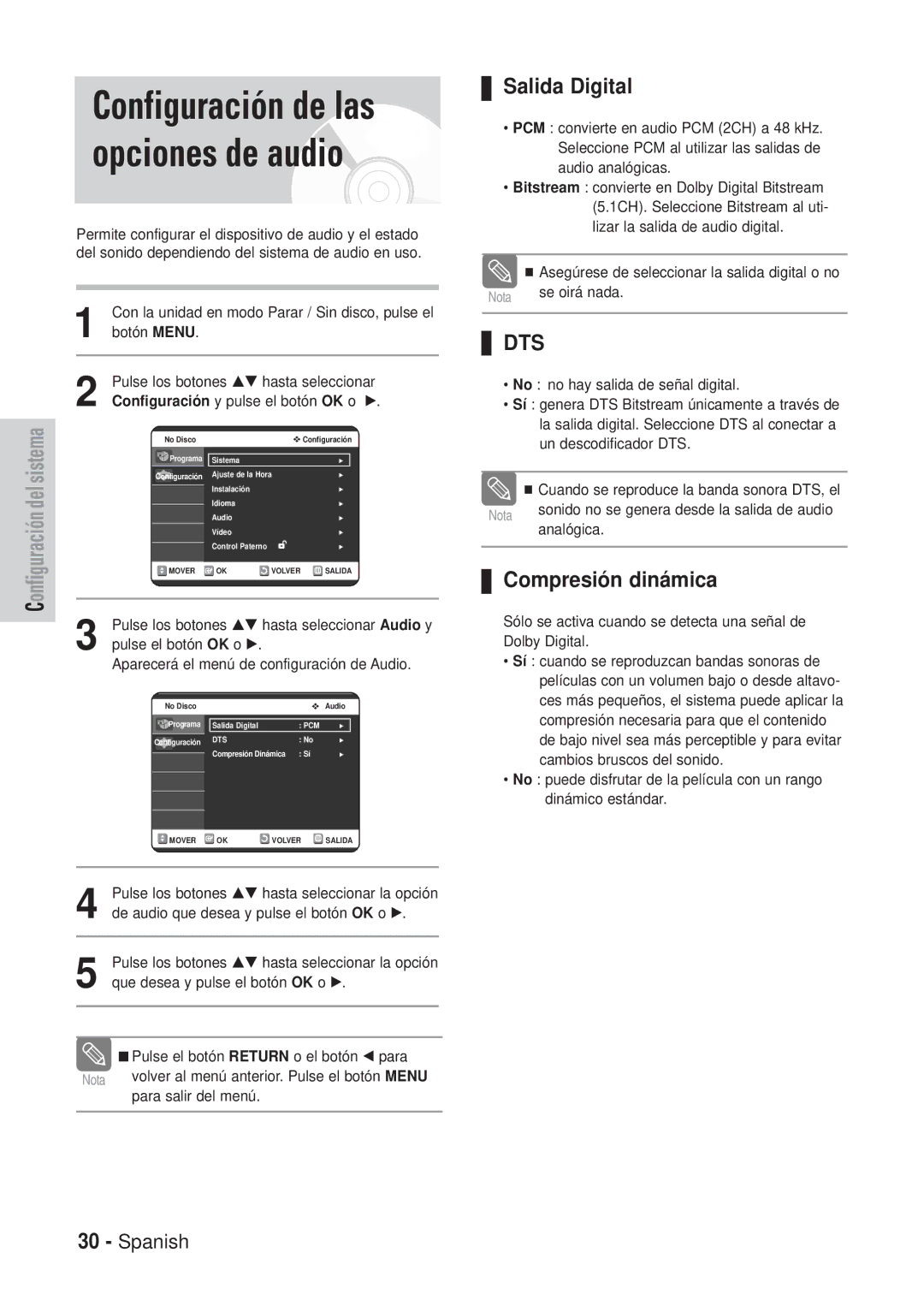 Samsung DVD-VR320/XEE, DVD-VR320/XEG manual Configuración de las opciones de audio, Salida Digital, Compresió n diná mica 