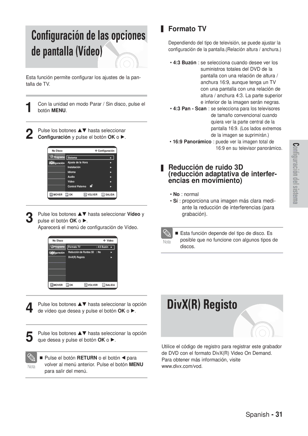 Samsung DVD-VR320/XEB, DVD-VR320/XEG, DVD-VR320/XEF manual DivXR Registo, Formato TV, Reducció n adaptativa de interfer 