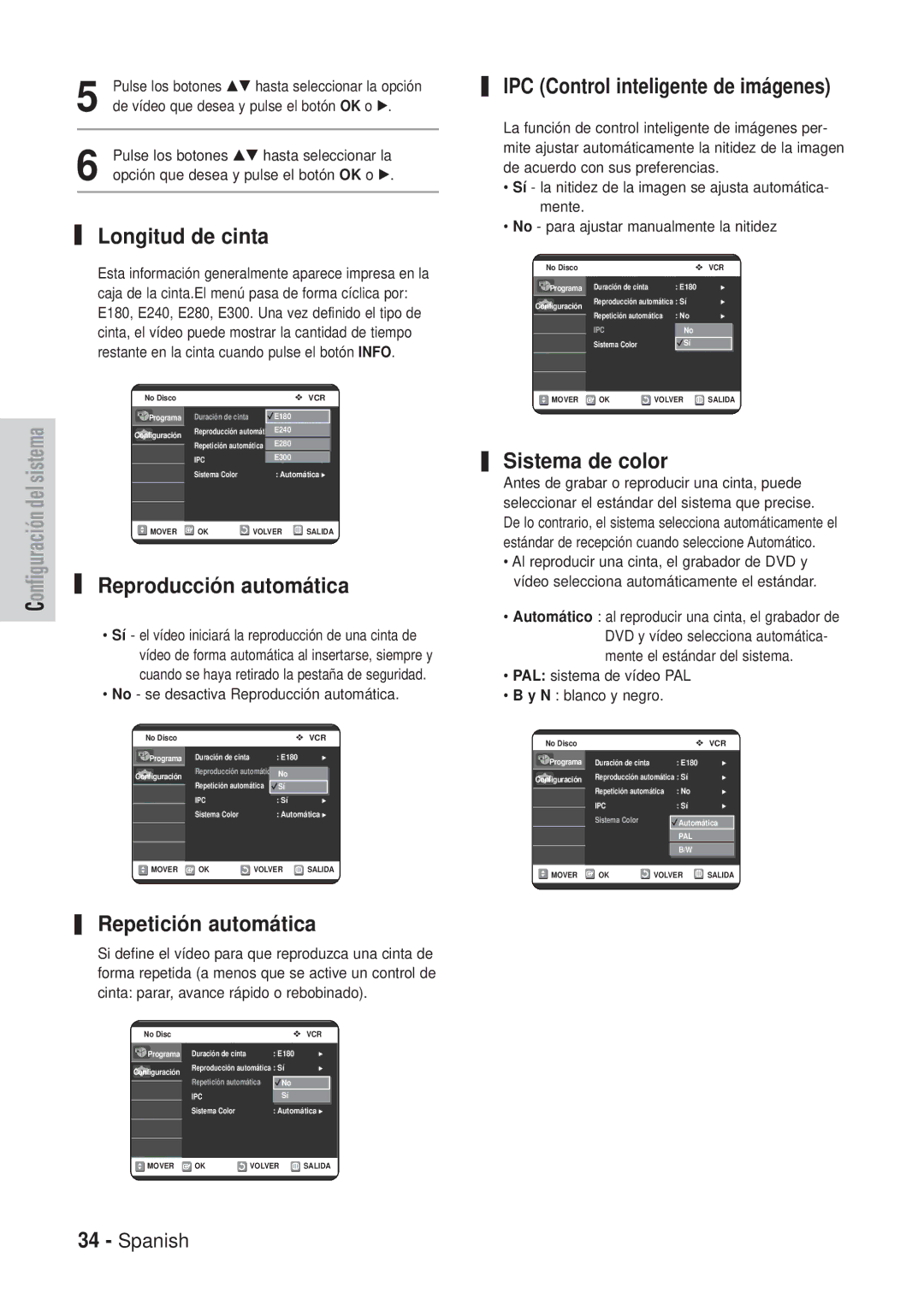 Samsung DVD-VR320/XEC manual Longitud de cinta, Reproducció n automá tica, Repetició n automá tica, Sistema de color 