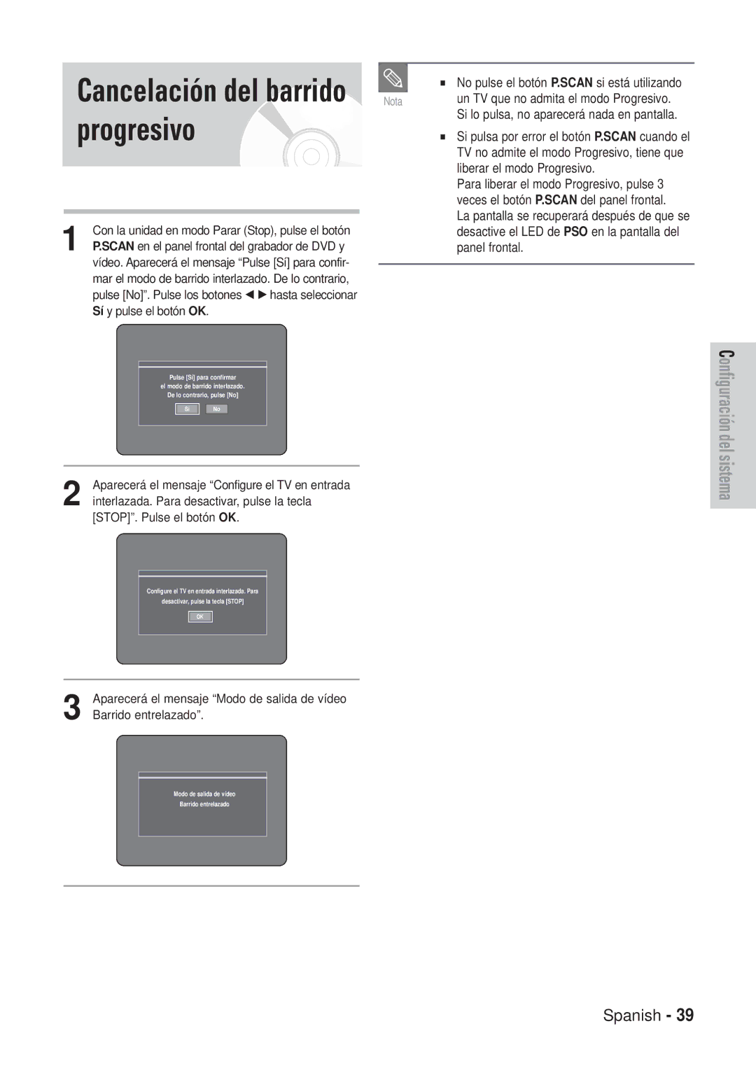 Samsung DVD-VR320/XEO, DVD-VR320/XEG, DVD-VR320/XEF, DVD-VR320/XET, DVD-VR320/SED manual Progresivo, Cancelación del barrido 