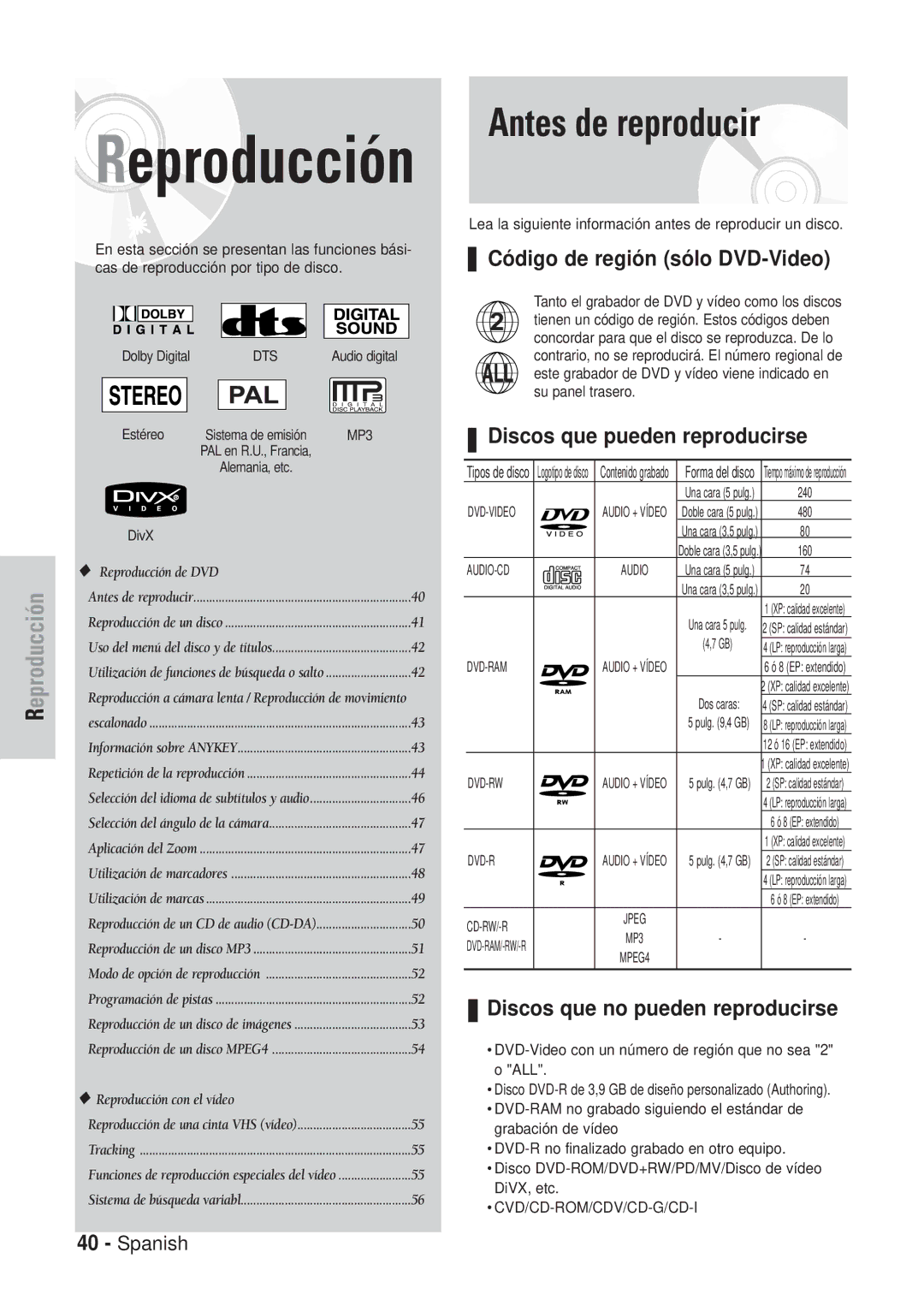 Samsung DVD-VR320/SED manual Antes de reproducir, Có digo de regió n só lo DVD-Video, Discos que pueden reproducirse 