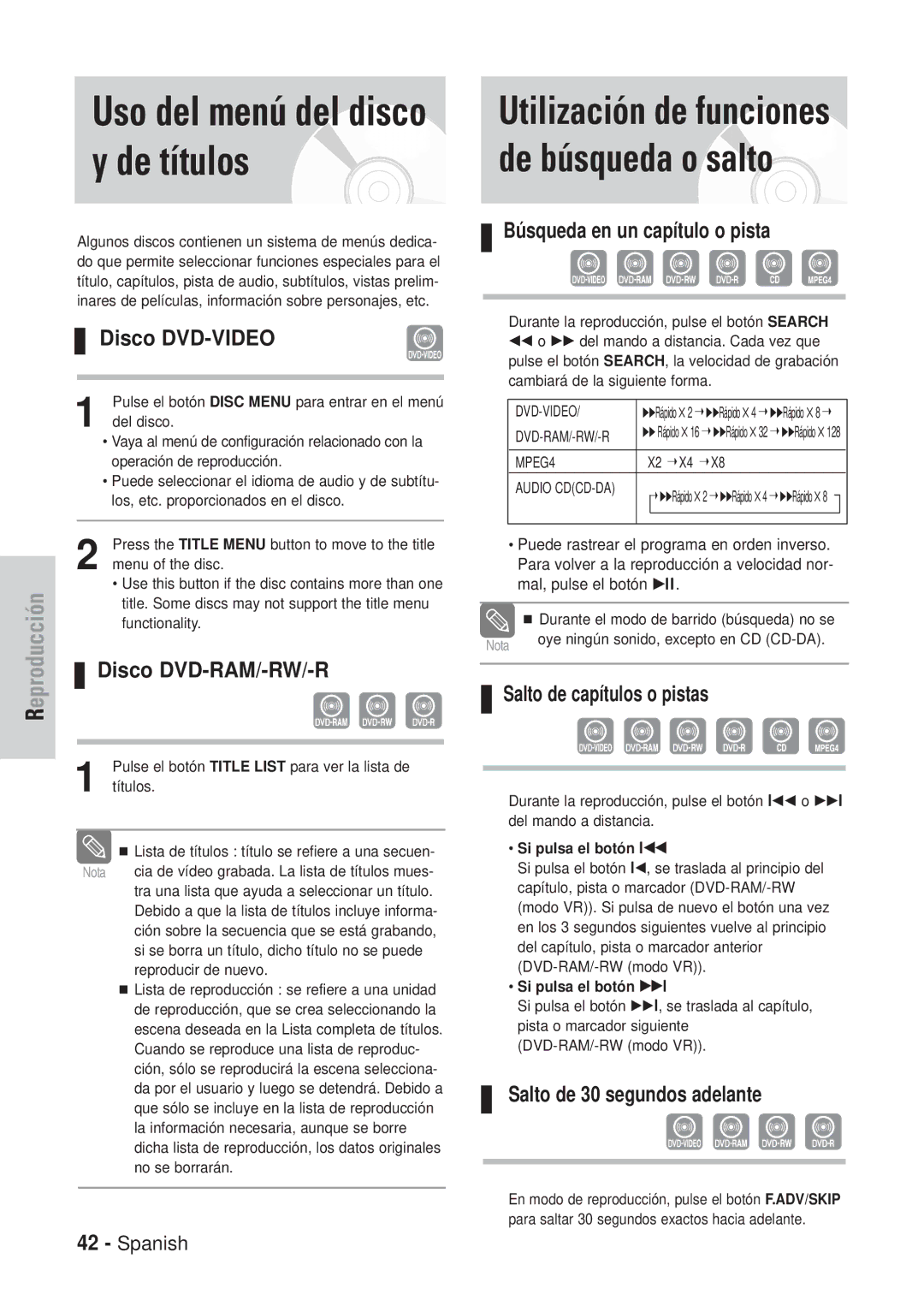 Samsung DVD-VR320/XEE, DVD-VR320/XEG, DVD-VR320/XEF, DVD-VR320/XET manual Utilización de funciones de búsqueda o salto 