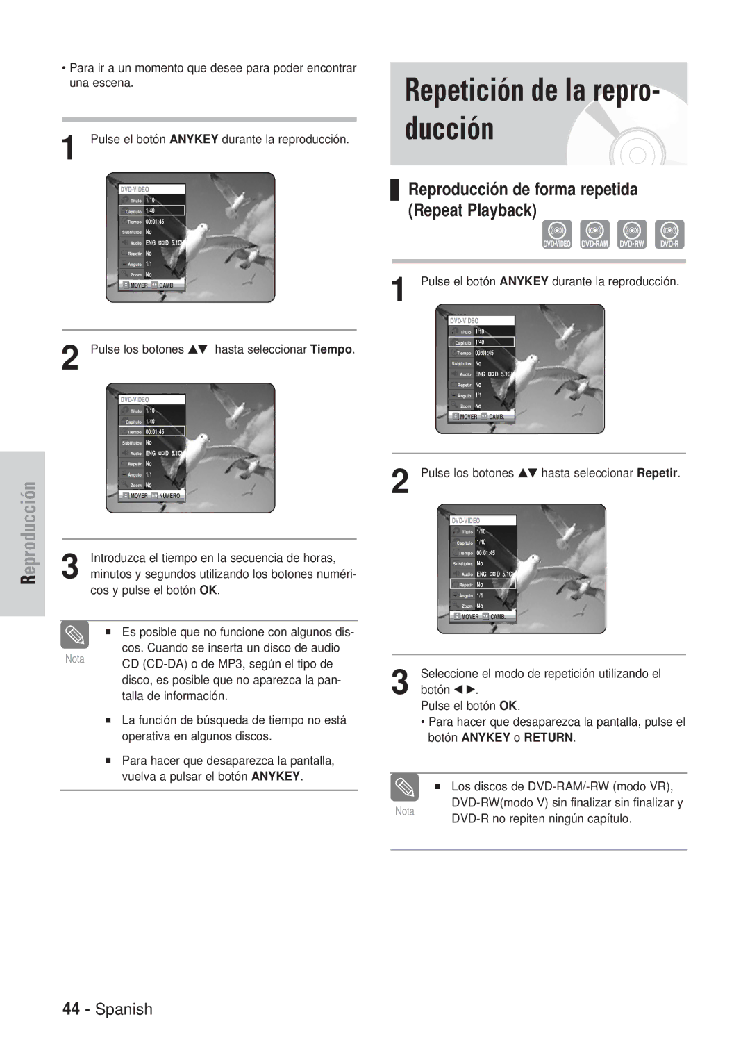 Samsung DVD-VR320/XEH, DVD-VR320/XEG Repetición de la repro- ducción, Minutos y Segundos utilizando los botones numéri 