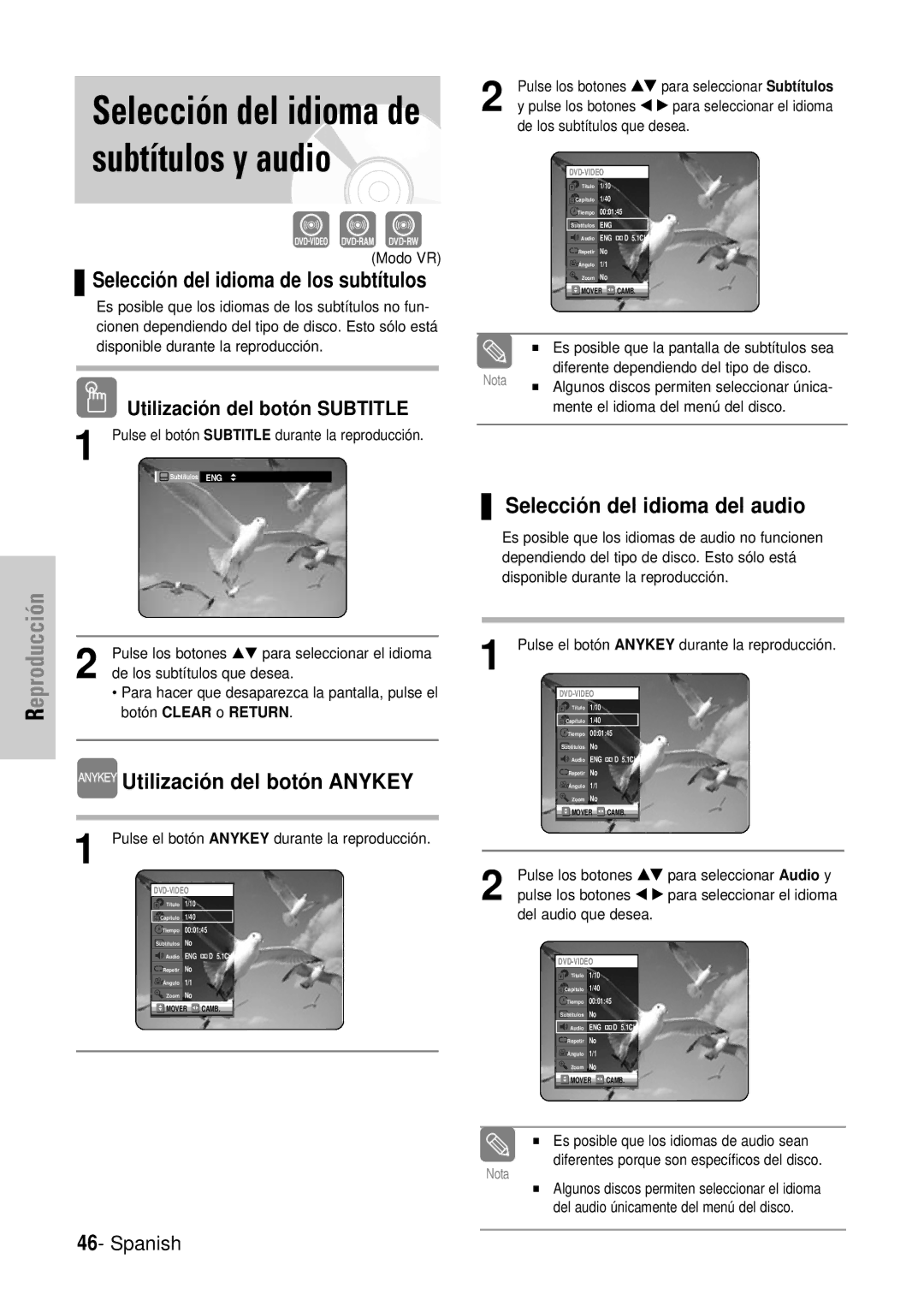 Samsung DVD-VR320/XEC Selección del idioma de los subtítulos, Utilización del botón Anykey, Selección del idioma del audio 