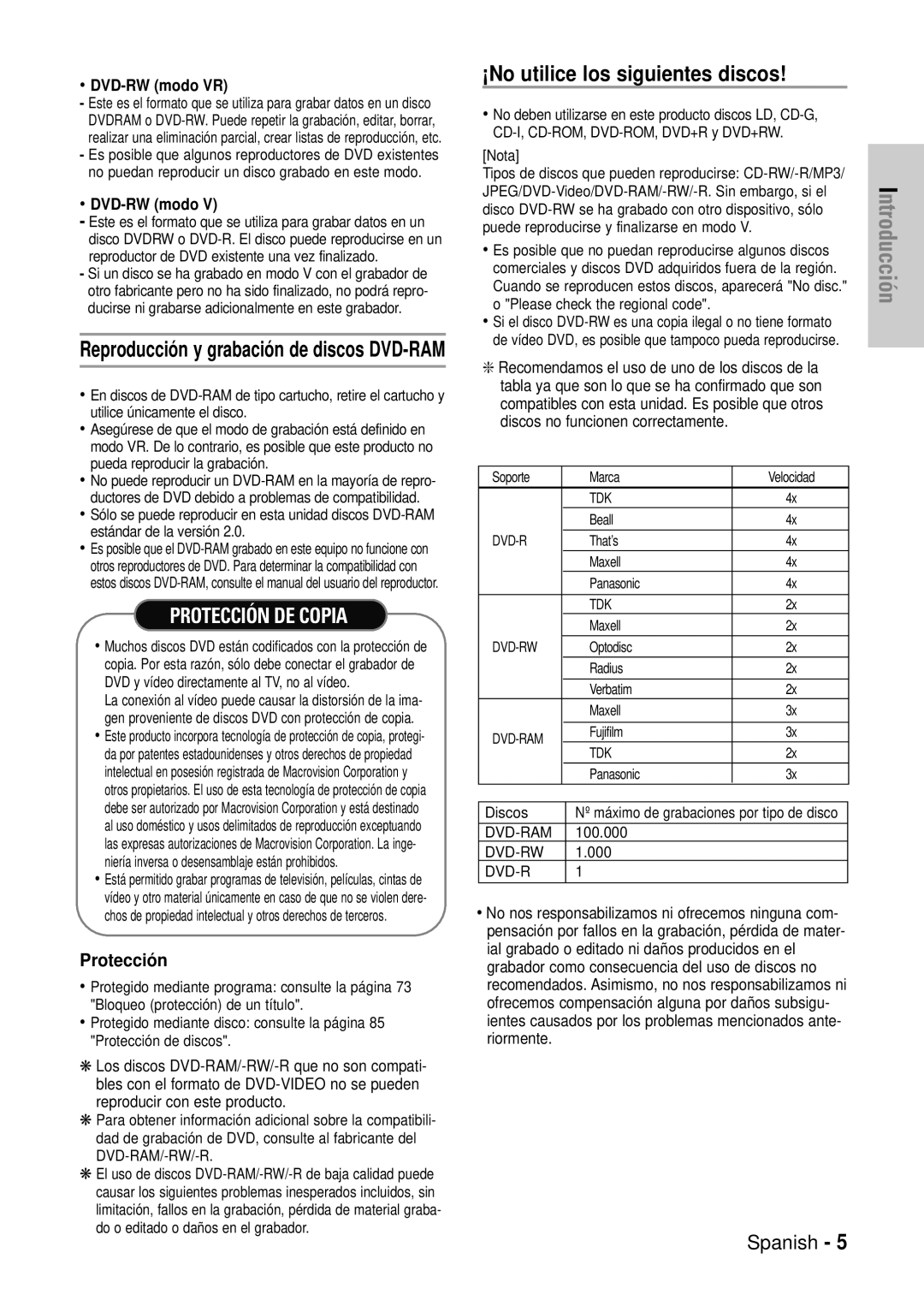 Samsung DVD-VR320/XEU manual ¡No utilice los siguientes discos, Reproducción y grabación de discos DVD-RAM, Protección 