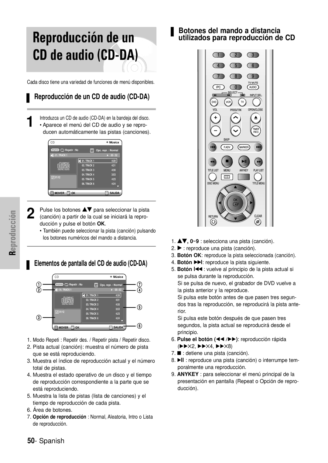 Samsung DVD-VR320/XET manual Reproducción de un CD de audio CD-DA, Pulse el botón œœ /√√ reproducción rápida √√2, √√4, √√8 