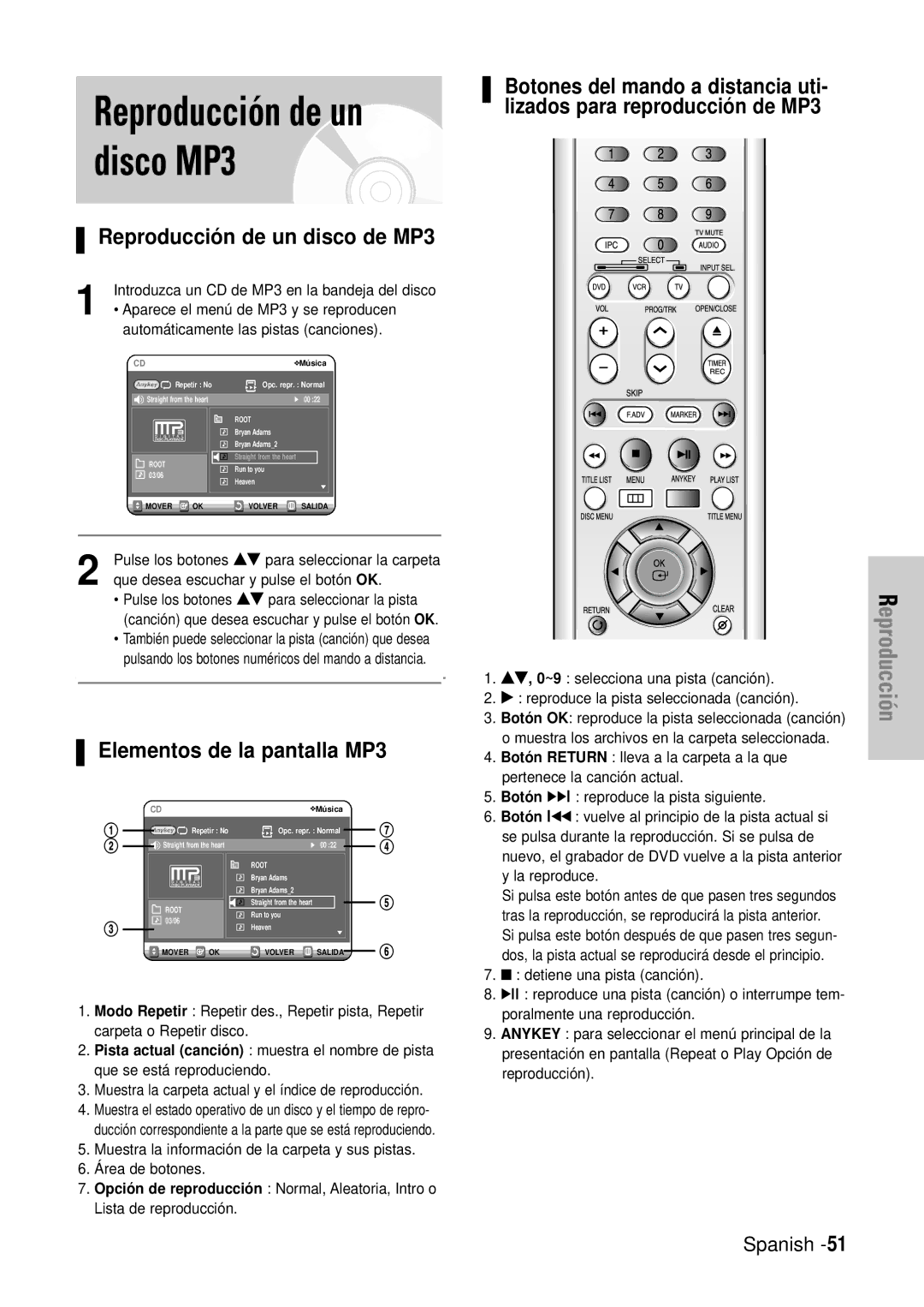 Samsung DVD-VR320/XEO, DVD-VR320/XEG, DVD-VR320/XEF manual Reproducción de un disco de MP3, Elementos de la pantalla MP3 