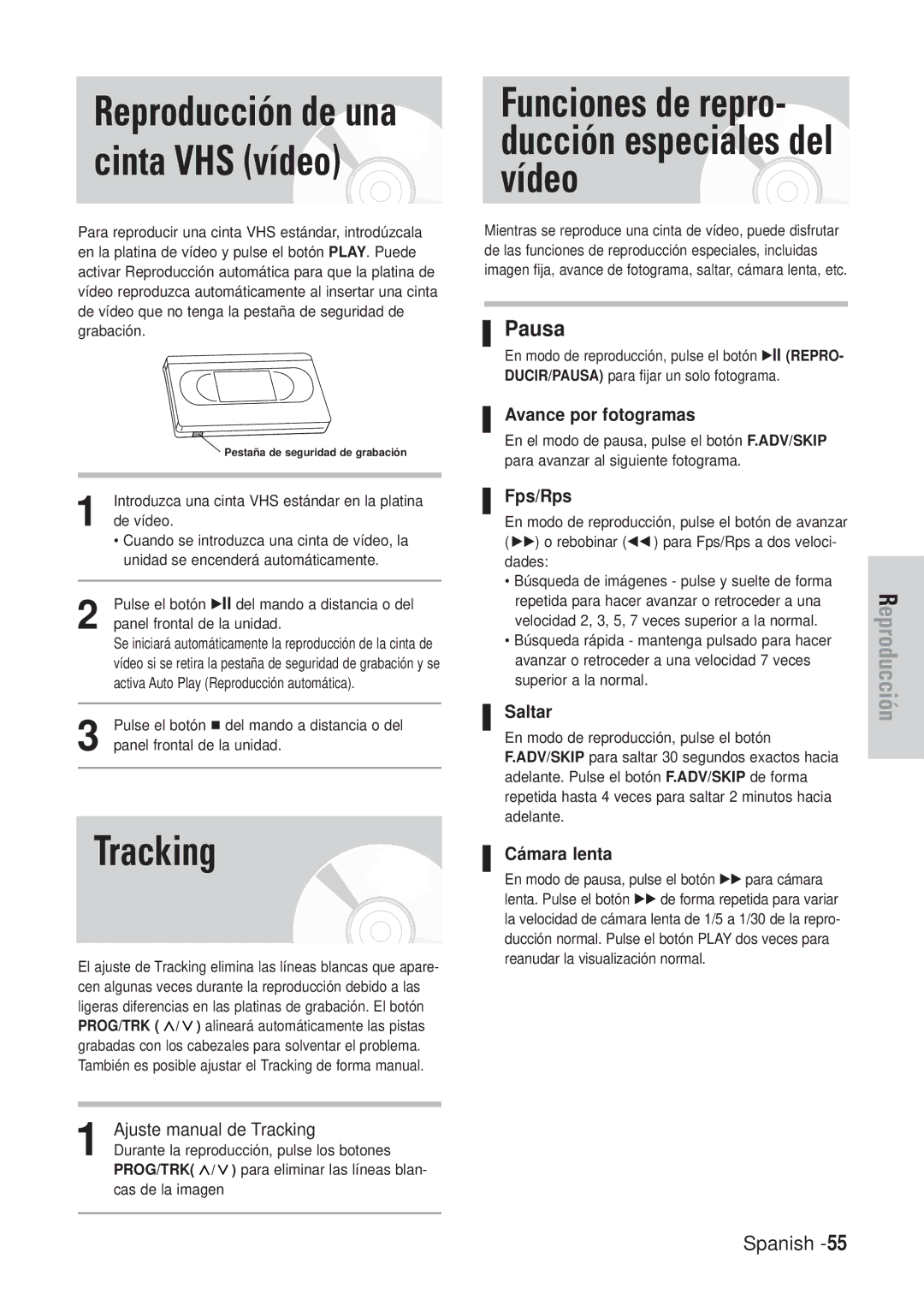 Samsung DVD-VR320/XEB, DVD-VR320/XEG, DVD-VR320/XEF, DVD-VR320/XET manual Tracking, Reproducción de una cinta VHS vídeo, Pausa 