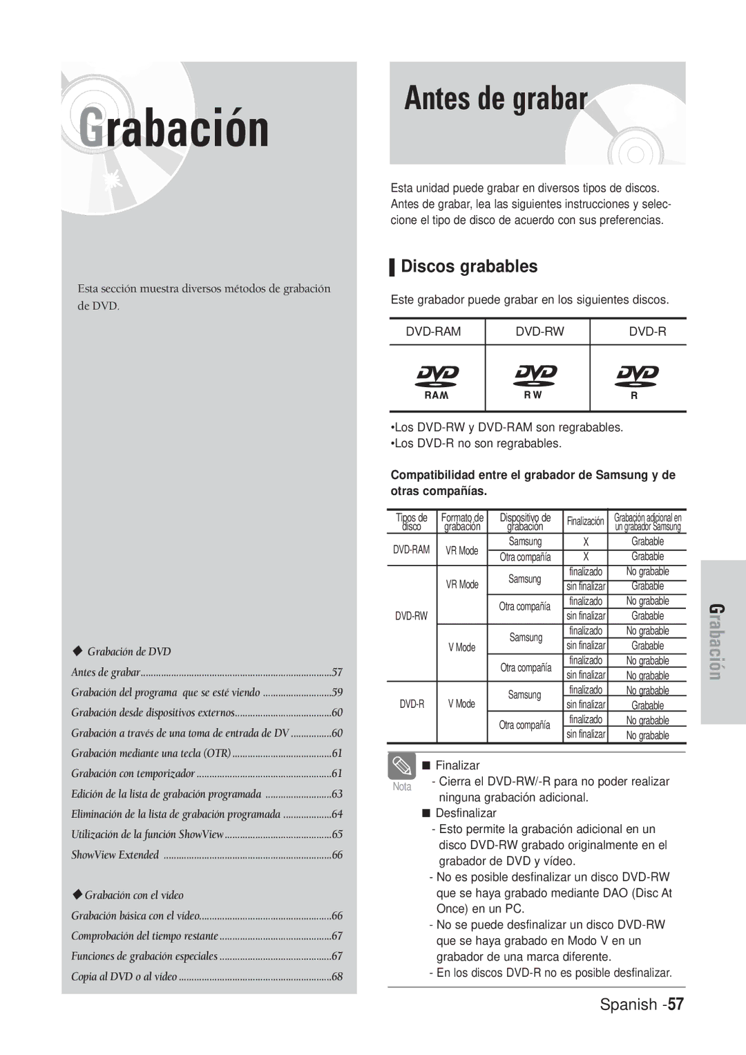 Samsung DVD-VR320/XEN, DVD-VR320/XEG, DVD-VR320/XEF, DVD-VR320/XET, DVD-VR320/XEO manual Antes de grabar, Discos grabables 