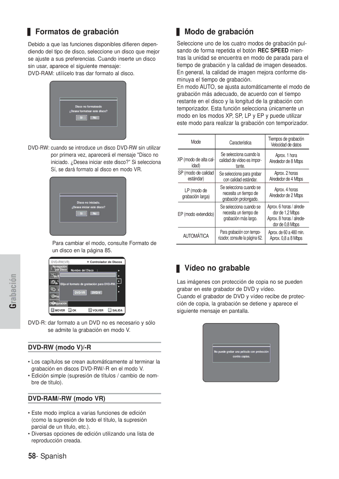 Samsung DVD-VR320/XEC Formatos de grabación, Modo de grabación, Vídeo no grabable, DVD-RW modo V/-R, DVD-RAM/-RW modo VR 