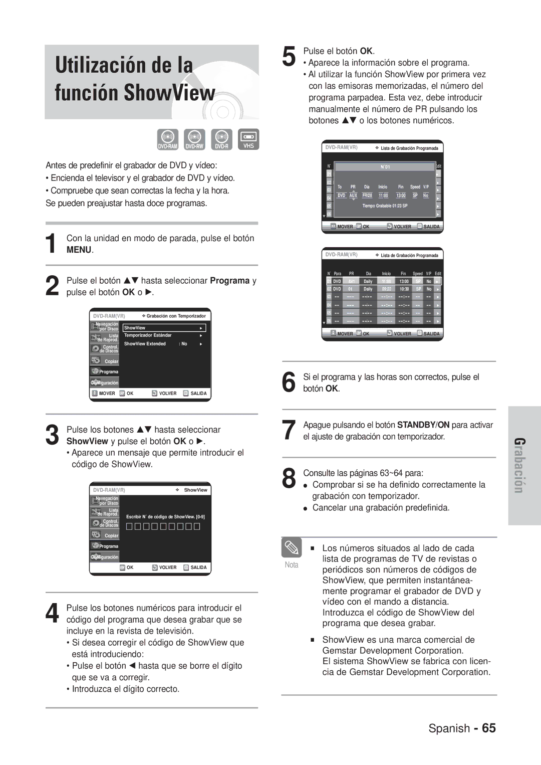 Samsung DVD-VR320/XEU, DVD-VR320/XEG, DVD-VR320/XEF, DVD-VR320/XET, DVD-VR320/XEO manual Utilización de la función ShowView 