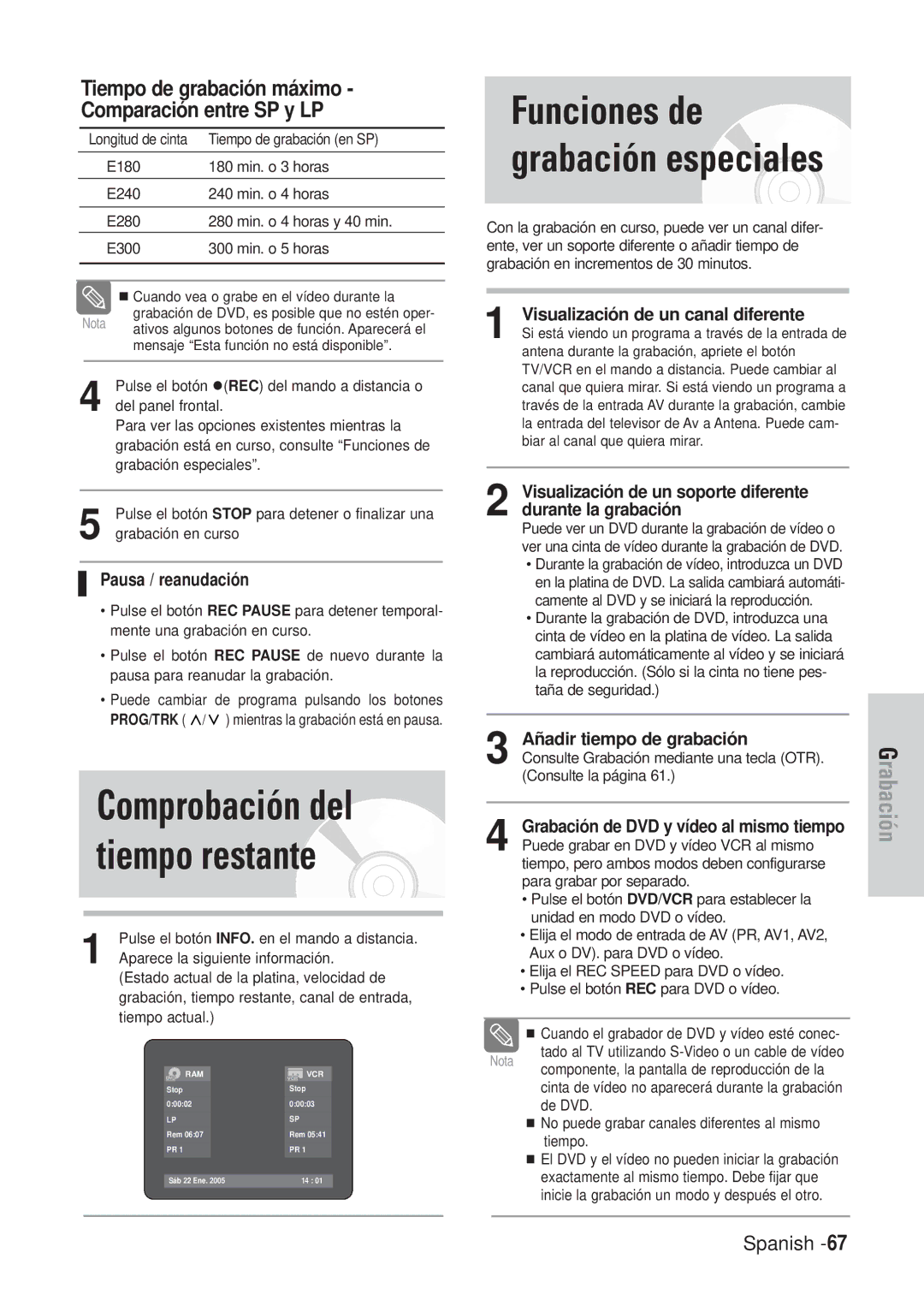 Samsung DVD-VR320/XEB, DVD-VR320/XEG, DVD-VR320/XEF Comprobación del tiempo restante, Funciones de grabación especiales 