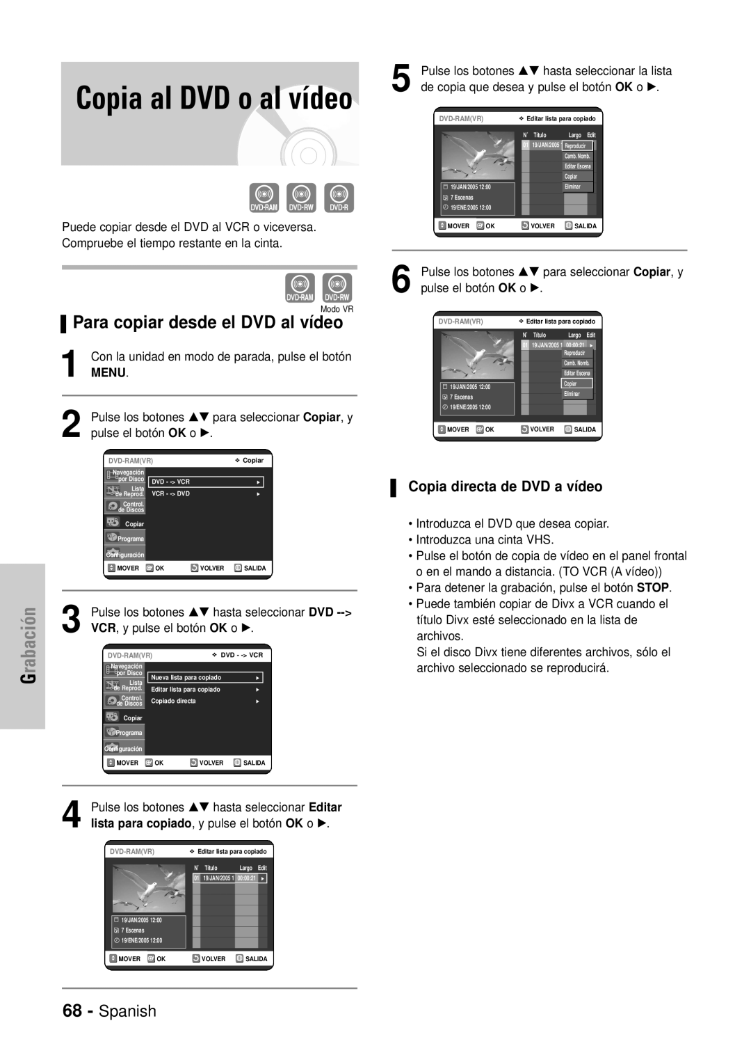 Samsung DVD-VR320/XEH, DVD-VR320/XEG, DVD-VR320/XEF manual Para copiar desde el DVD al vídeo, Copia directa de DVD a vídeo 