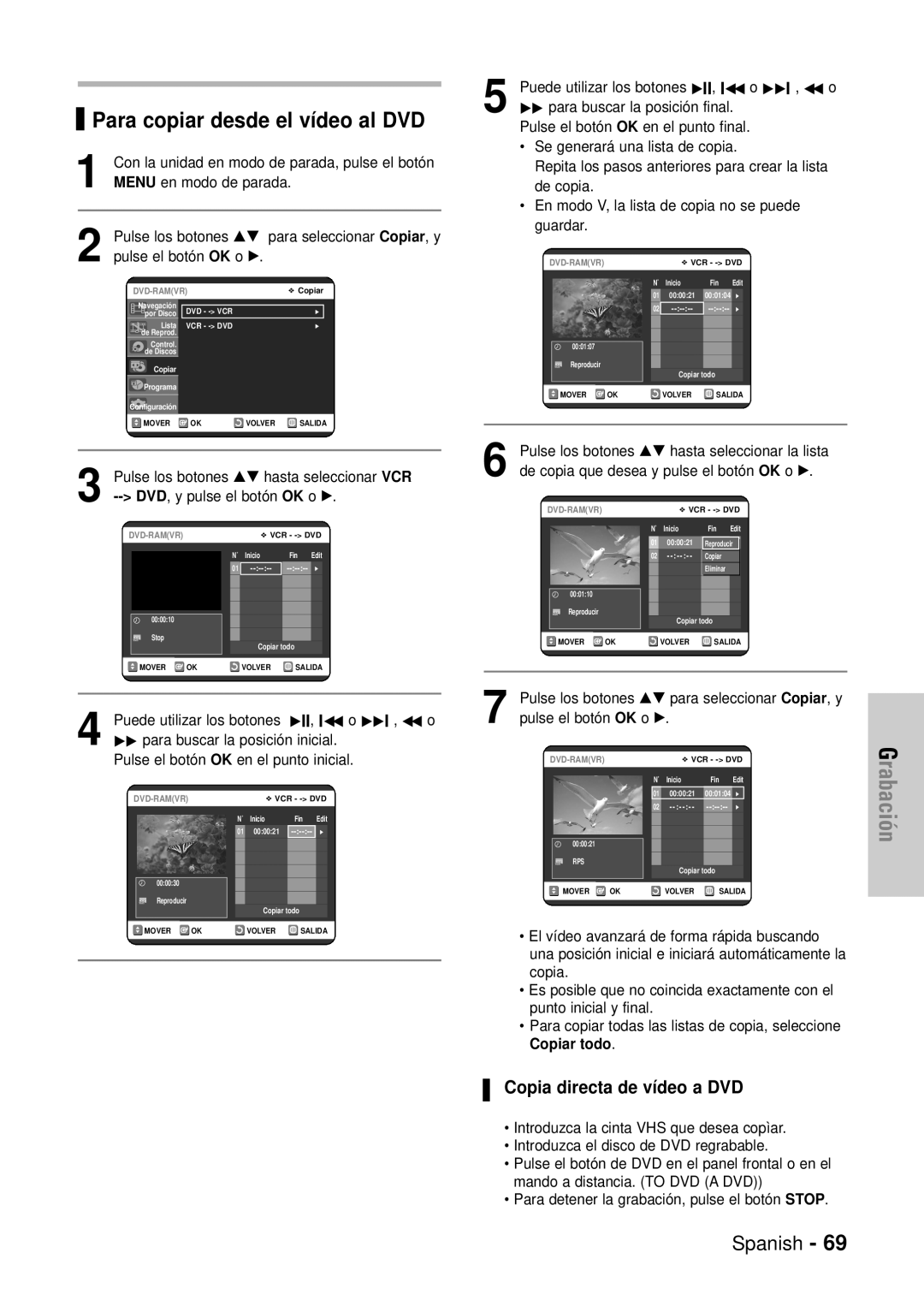 Samsung DVD-VR320/XEN, DVD-VR320/XEG manual Copia directa de vídeo a DVD, Puede utilizar los botones √II, Iœœ o √√I , œœ o 