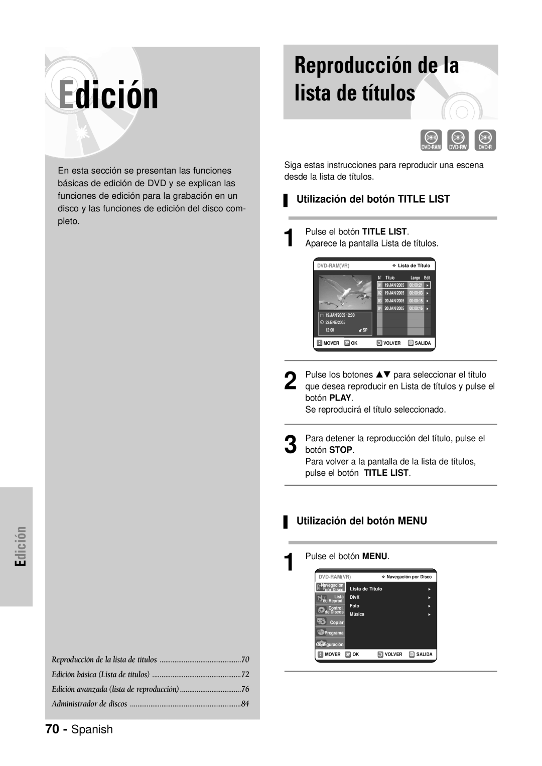 Samsung DVD-VR320/XEC, DVD-VR320/XEG manual Lista de títulos, Utilización del botón Title List, Utilización del botón Menu 