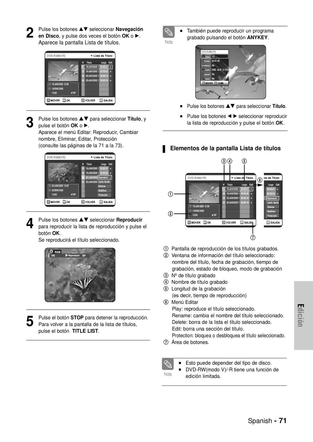 Samsung DVD-VR320/EUR manual Elementos de la pantalla Lista de títulos, Pulse los botones …† seleccionar Navegación 