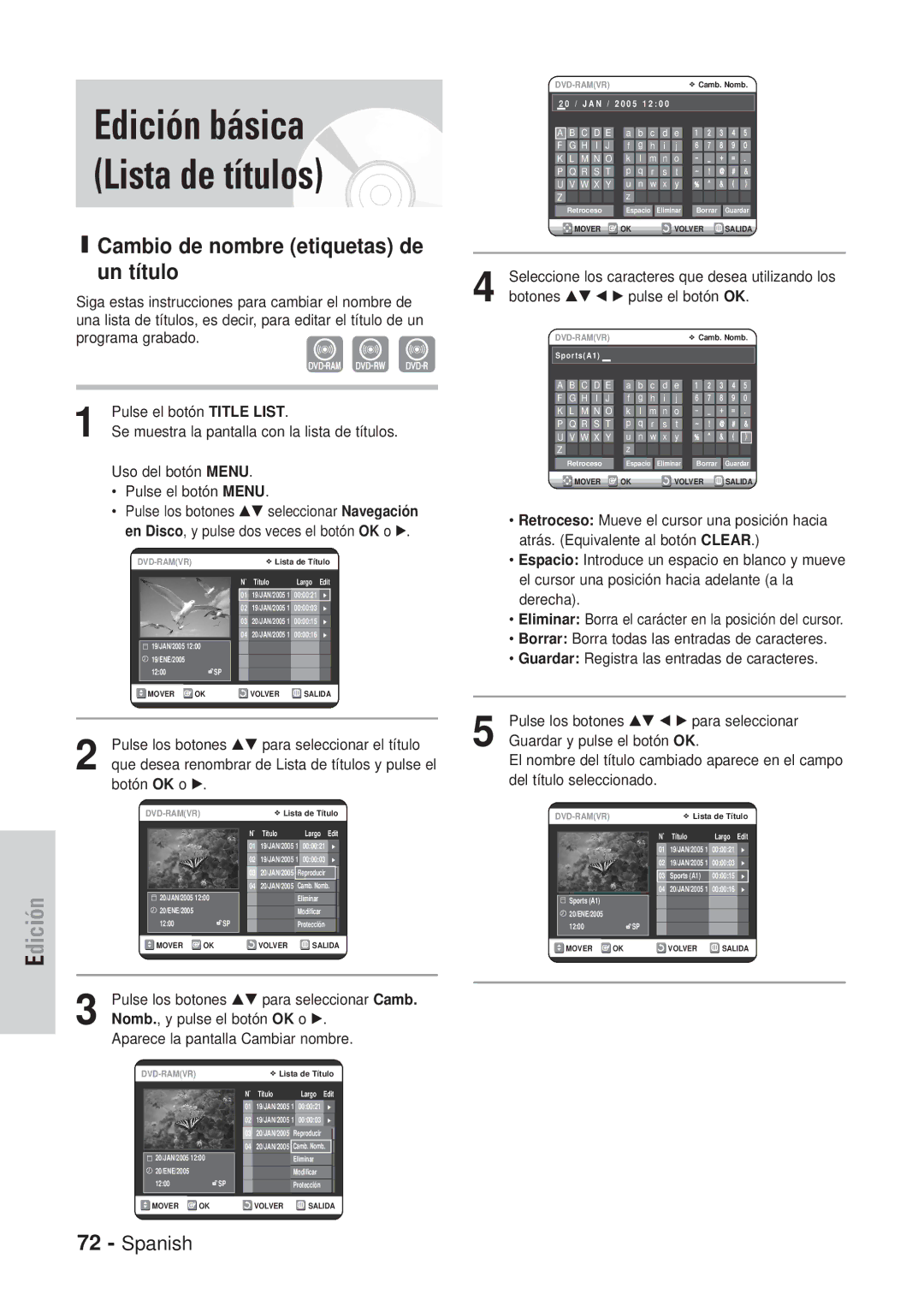 Samsung DVD-VR320/XEG, DVD-VR320/XEF manual Edición básica Lista de títulos, Cambio de nombre etiquetas de un título 